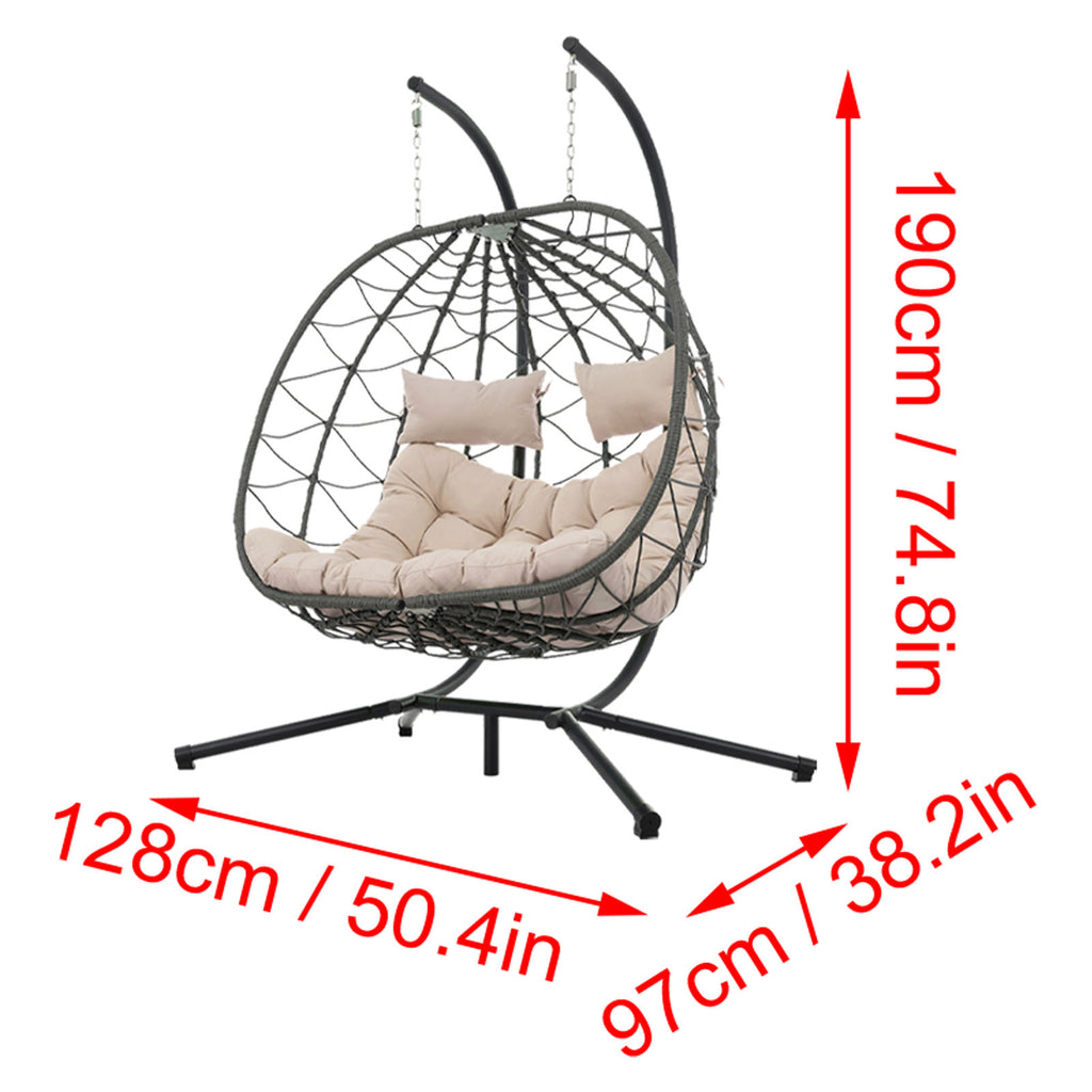Egg Swing Chair with Stand Cushion Strong Load Bearing 2 Person Hanging Wicker Hammock Chair for Indoor Outdoor Garden Patio Beige