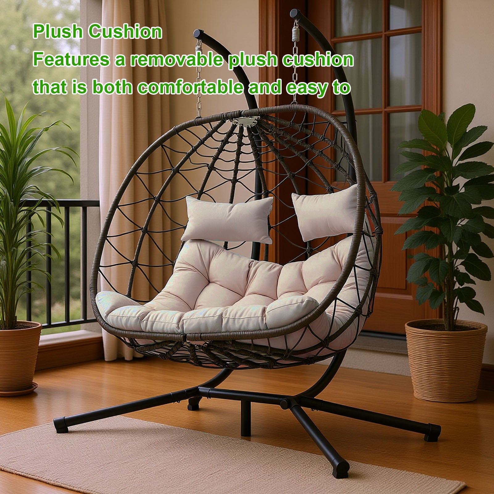 Egg Swing Chair with Stand Cushion Strong Load Bearing 2 Person Hanging Wicker Hammock Chair for Indoor Outdoor Garden Patio Beige