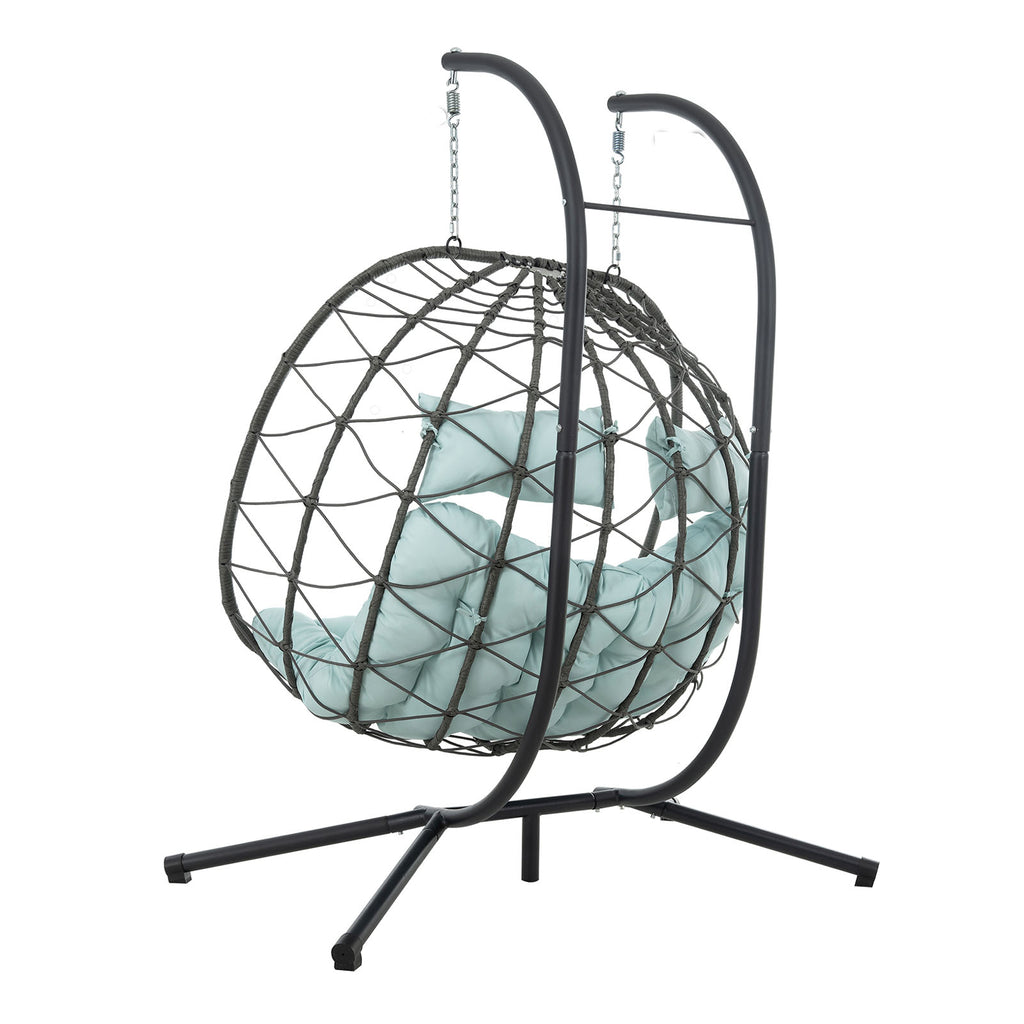 Egg Swing Chair with Stand Cushion Strong Load Bearing 2 Person Hanging Wicker Hammock Chair for Indoor Outdoor Garden Patio Blue