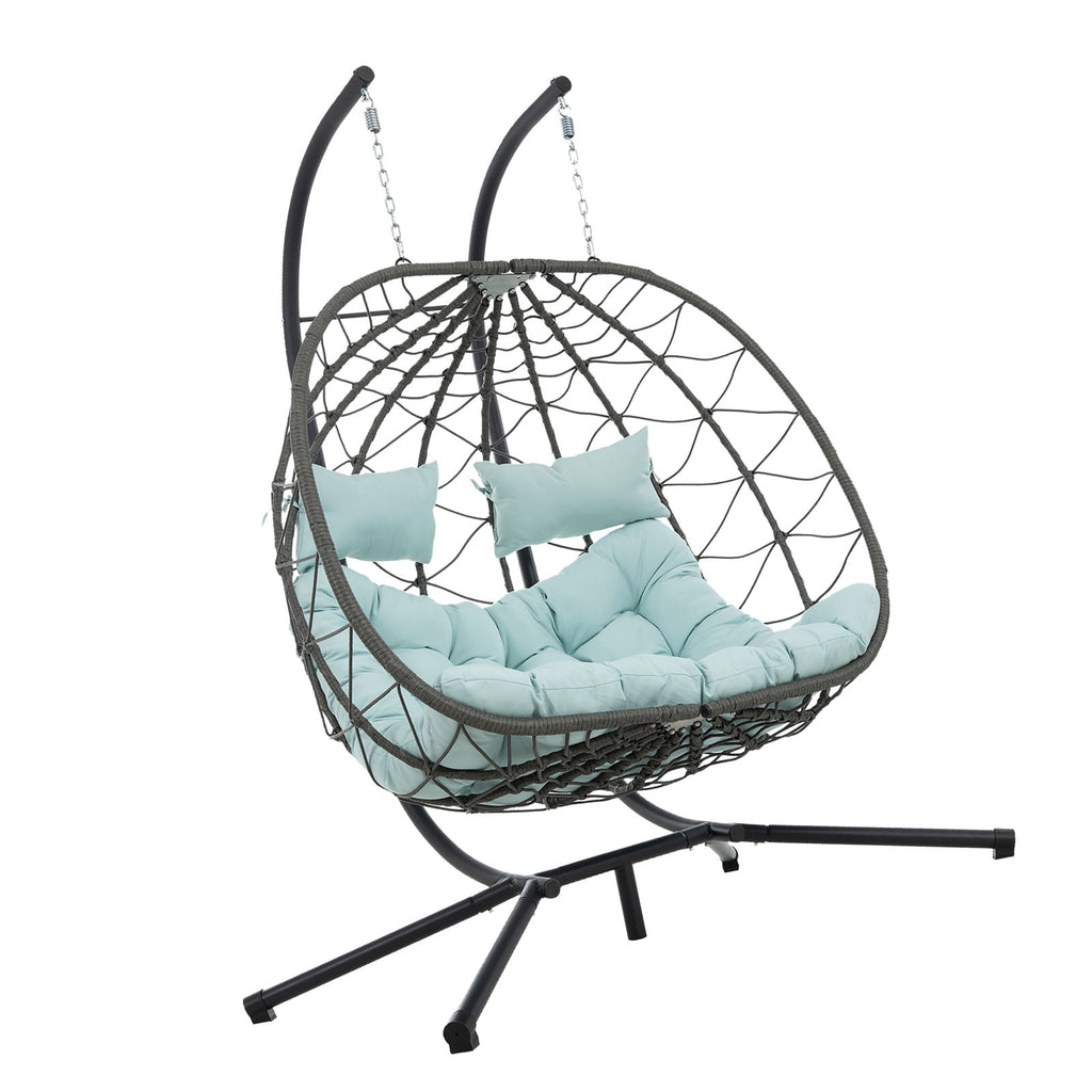 Egg Swing Chair with Stand Cushion Strong Load Bearing 2 Person Hanging Wicker Hammock Chair for Indoor Outdoor Garden Patio Blue