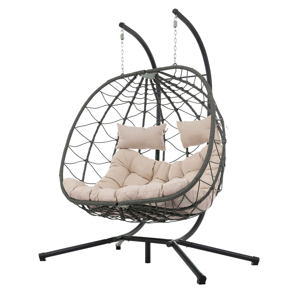 Egg Swing Chair with Stand Cushion Strong Load Bearing 2 Person Hanging Wicker Hammock Chair for Indoor Outdoor Garden Patio Beige