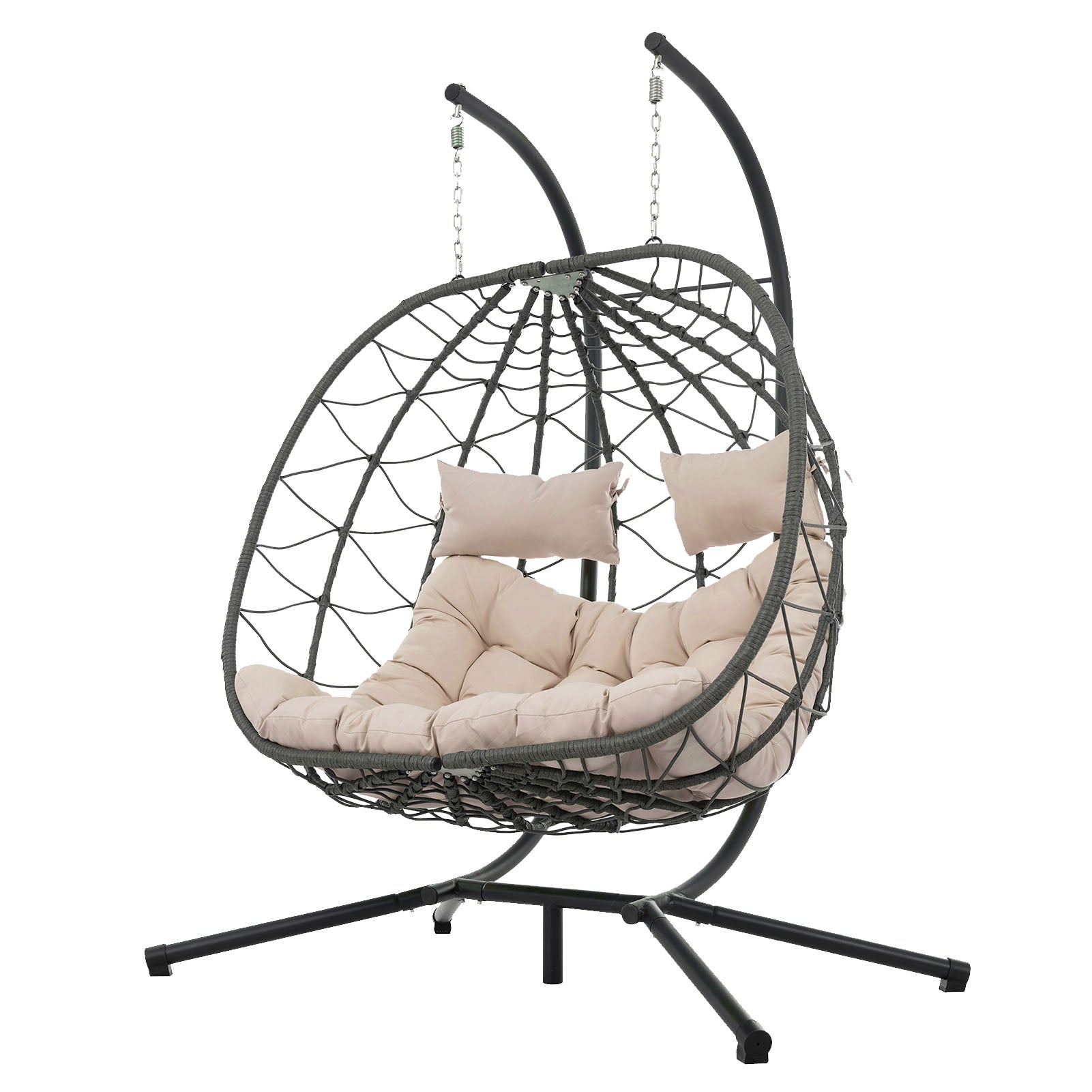 Egg Swing Chair with Stand Cushion Strong Load Bearing 2 Person Hanging Wicker Hammock Chair for Indoor Outdoor Garden Patio Beige