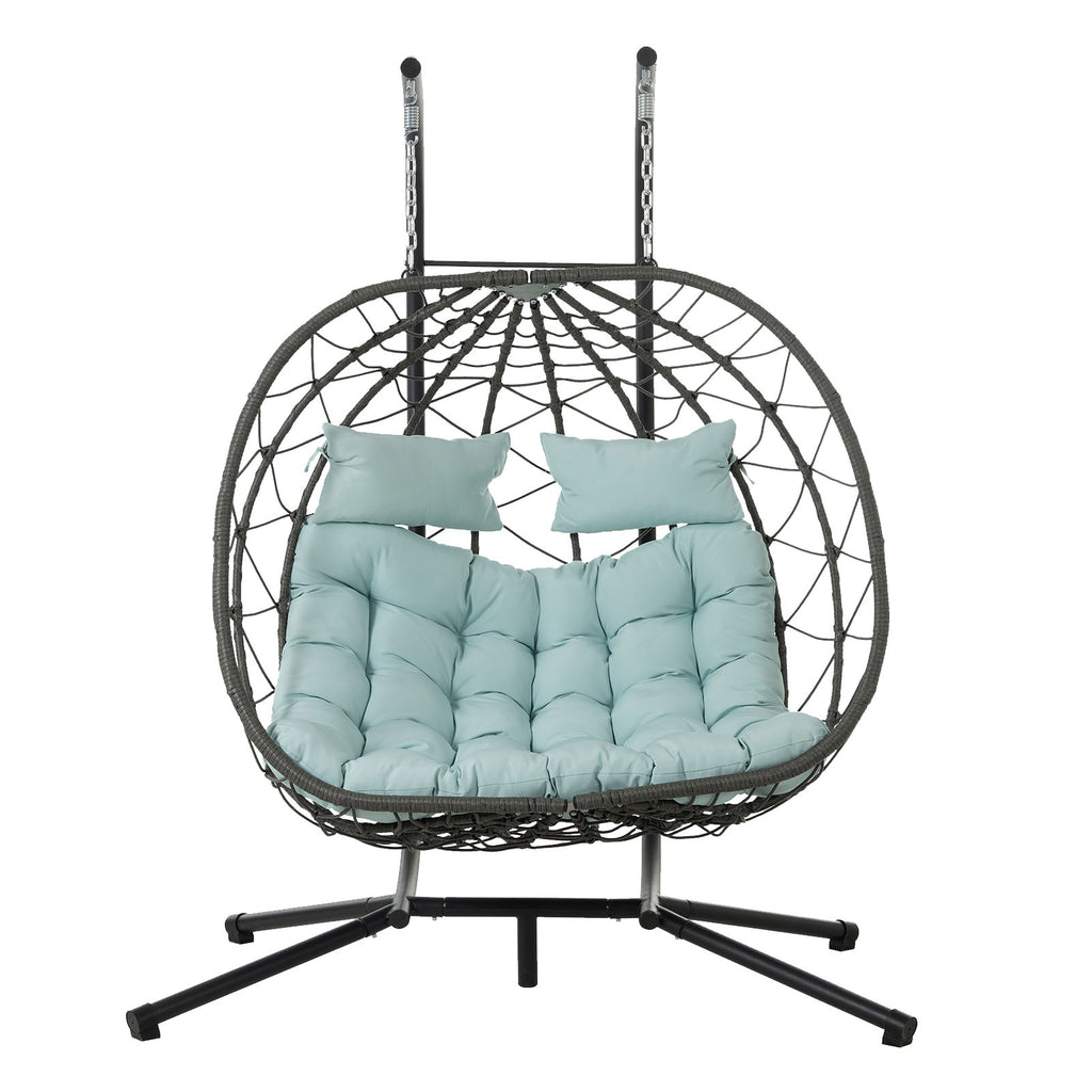 Egg Swing Chair with Stand Cushion Strong Load Bearing 2 Person Hanging Wicker Hammock Chair for Indoor Outdoor Garden Patio Blue