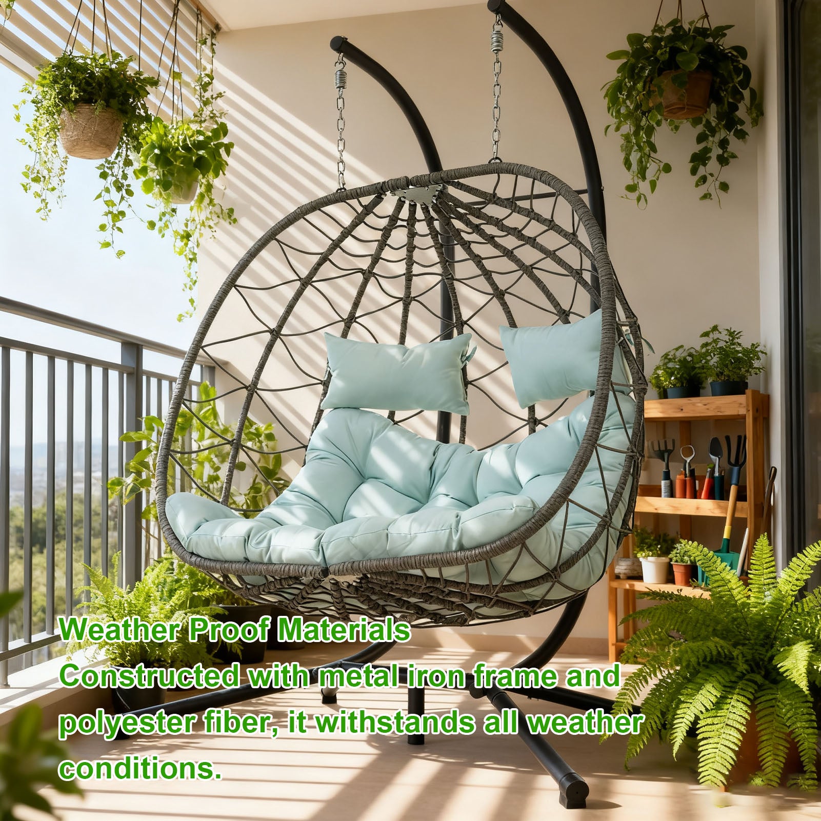 Egg Swing Chair with Stand Cushion Strong Load Bearing 2 Person Hanging Wicker Hammock Chair for Indoor Outdoor Garden Patio Blue