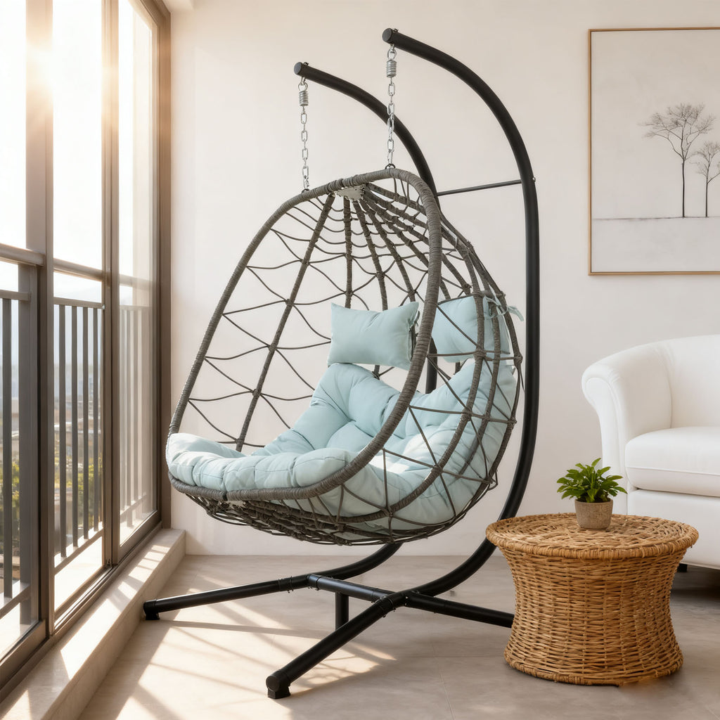 Egg Swing Chair with Stand Cushion Strong Load Bearing 2 Person Hanging Wicker Hammock Chair for Indoor Outdoor Garden Patio Blue
