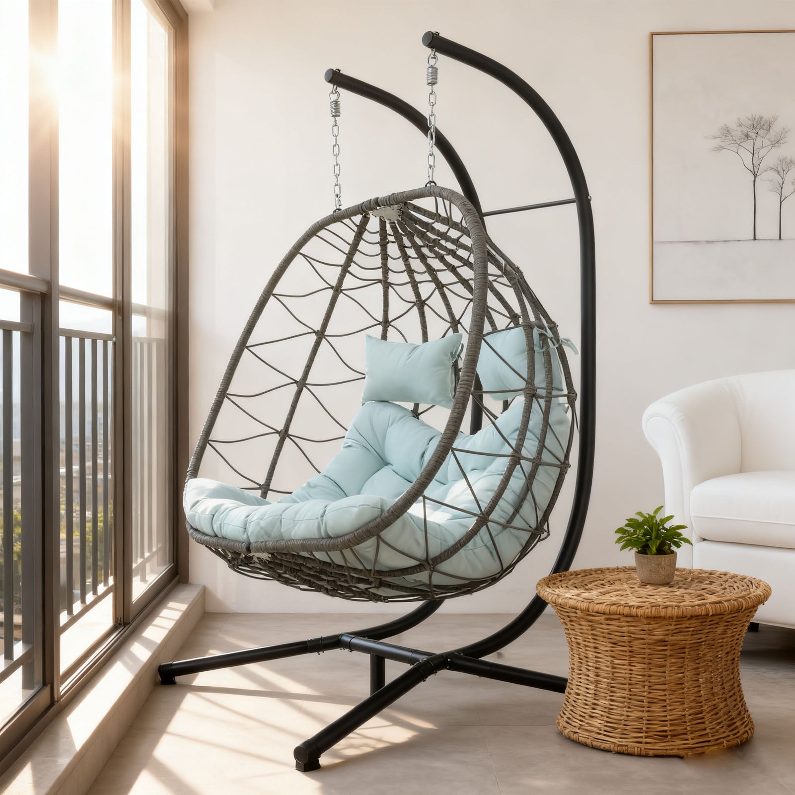 Egg Swing Chair with Stand Cushion Strong Load Bearing 2 Person Hanging Wicker Hammock Chair for Indoor Outdoor Garden Patio Blue