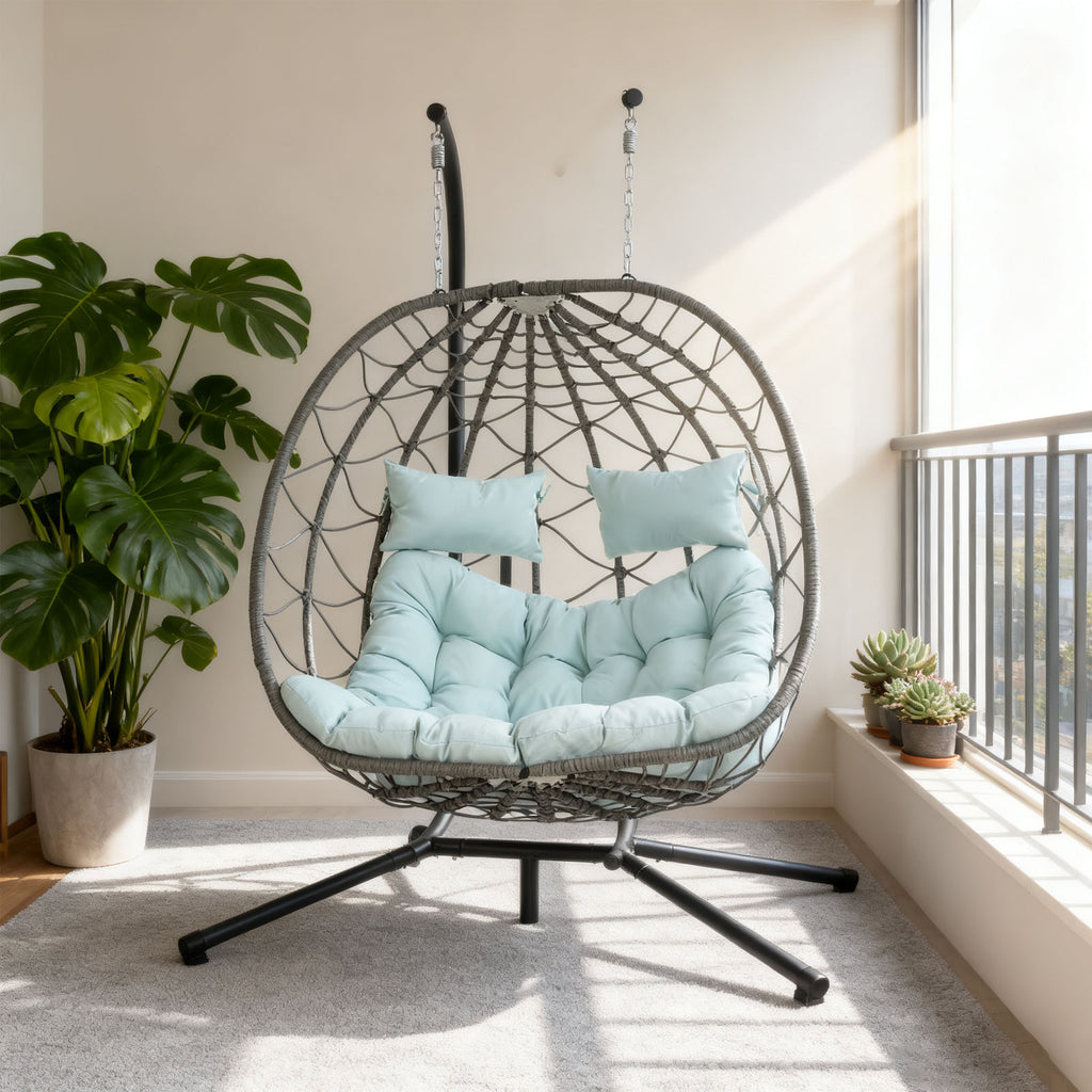 Egg Swing Chair with Stand Cushion Strong Load Bearing 2 Person Hanging Wicker Hammock Chair for Indoor Outdoor Garden Patio Blue