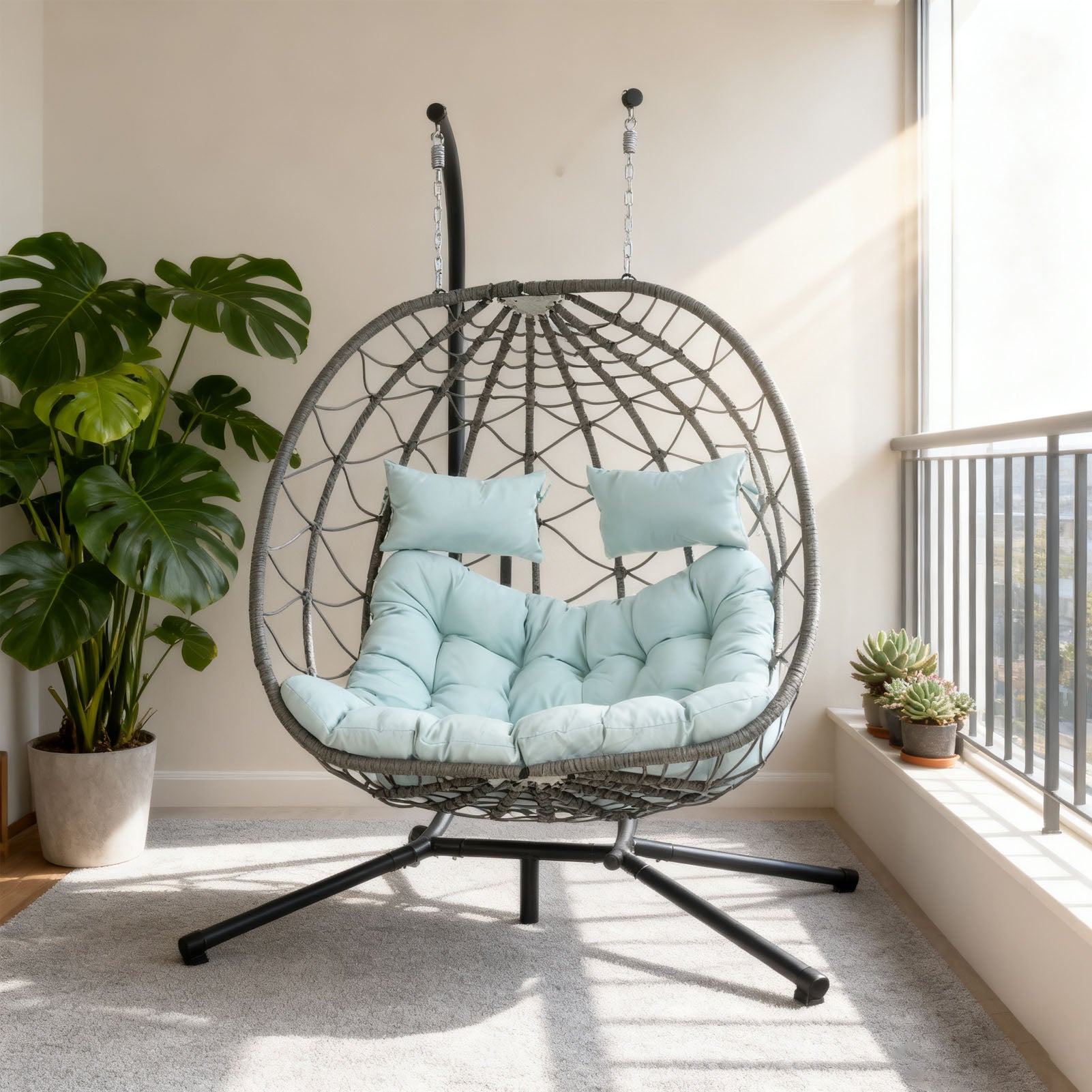 Egg Swing Chair with Stand Cushion Strong Load Bearing 2 Person Hanging Wicker Hammock Chair for Indoor Outdoor Garden Patio Blue