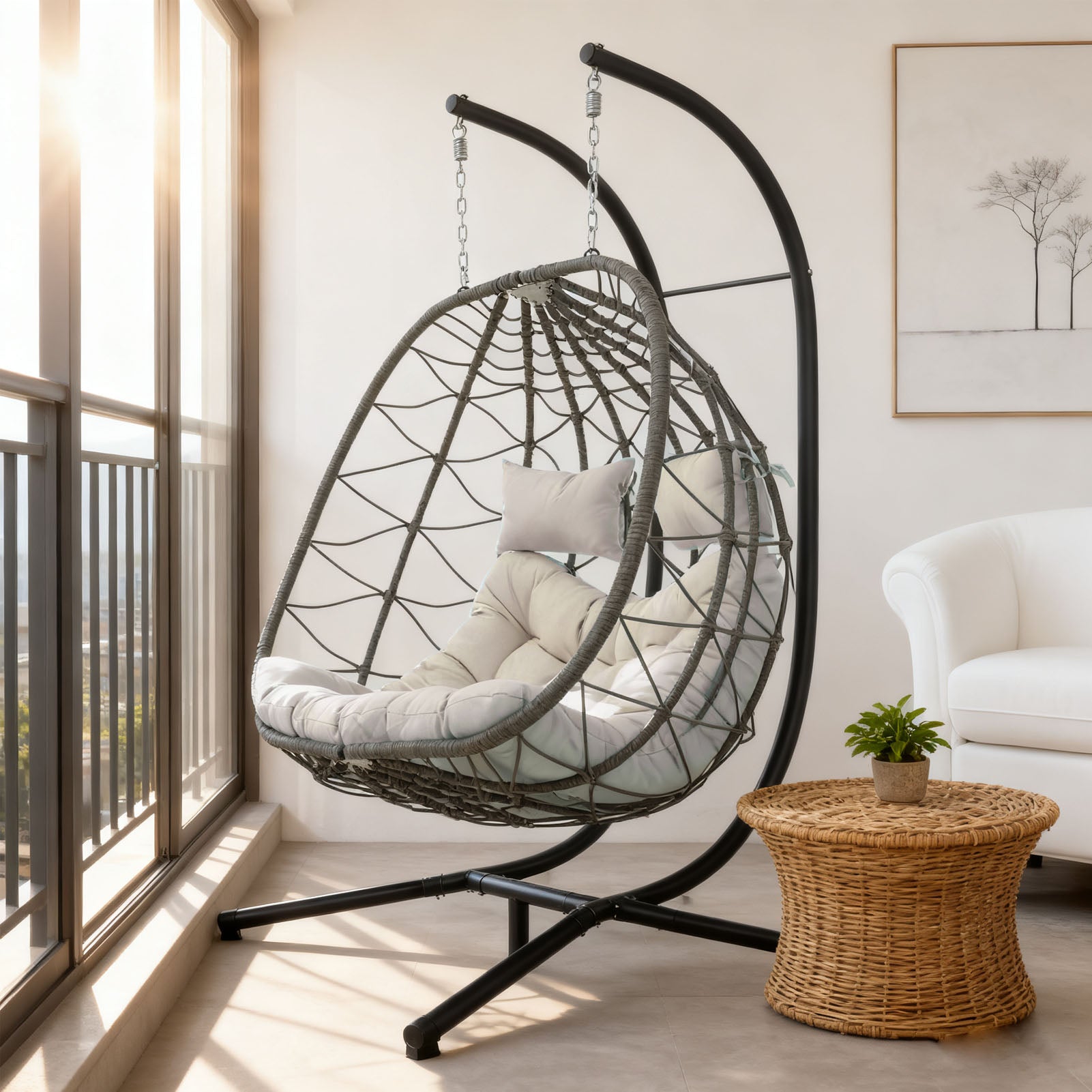 Egg Swing Chair with Stand Cushion Strong Load Bearing 2 Person Hanging Wicker Hammock Chair for Indoor Outdoor Garden Patio Beige