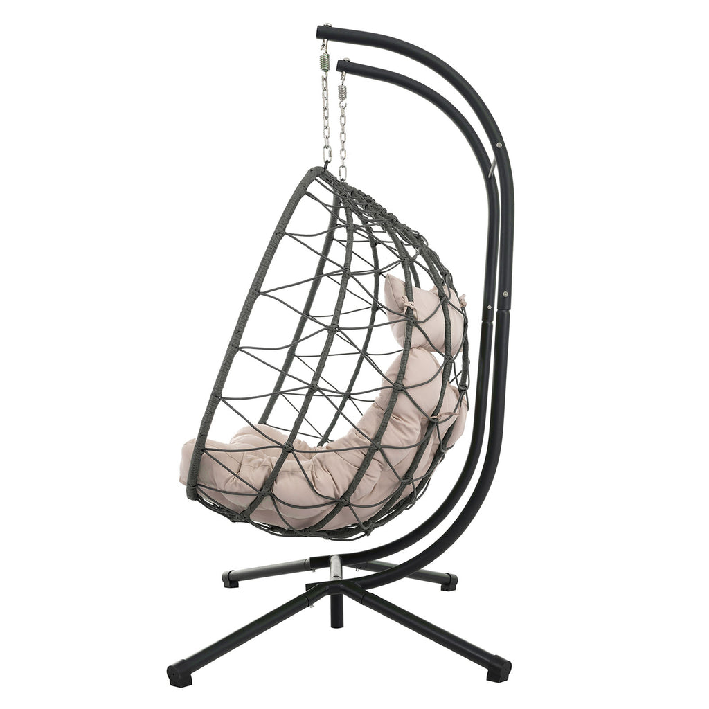 Egg Swing Chair with Stand Cushion Strong Load Bearing 2 Person Hanging Wicker Hammock Chair for Indoor Outdoor Garden Patio Beige