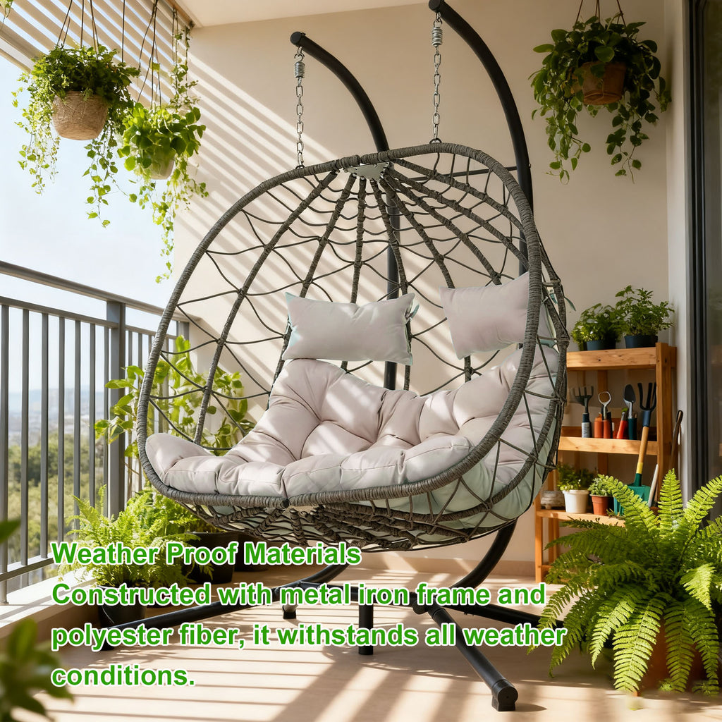 Egg Swing Chair with Stand Cushion Strong Load Bearing 2 Person Hanging Wicker Hammock Chair for Indoor Outdoor Garden Patio Beige