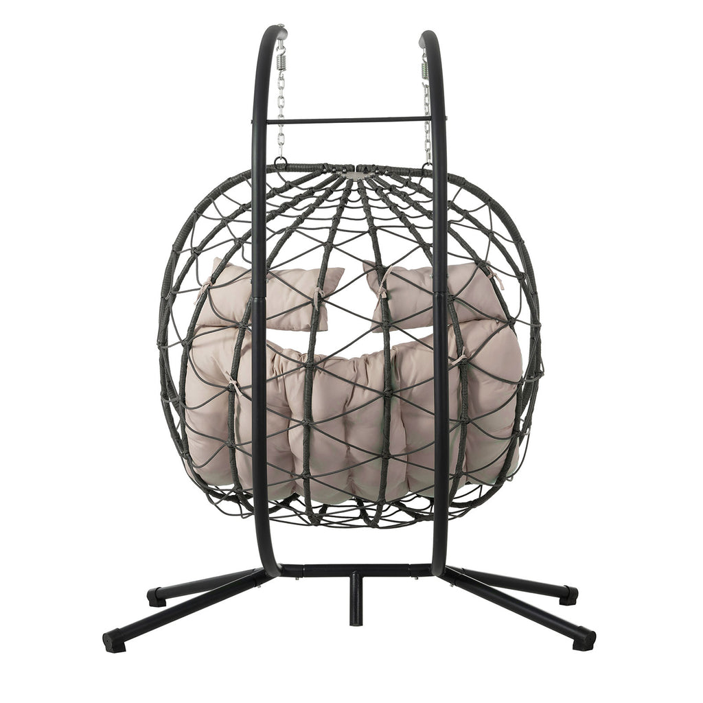 Egg Swing Chair with Stand Cushion Strong Load Bearing 2 Person Hanging Wicker Hammock Chair for Indoor Outdoor Garden Patio Beige