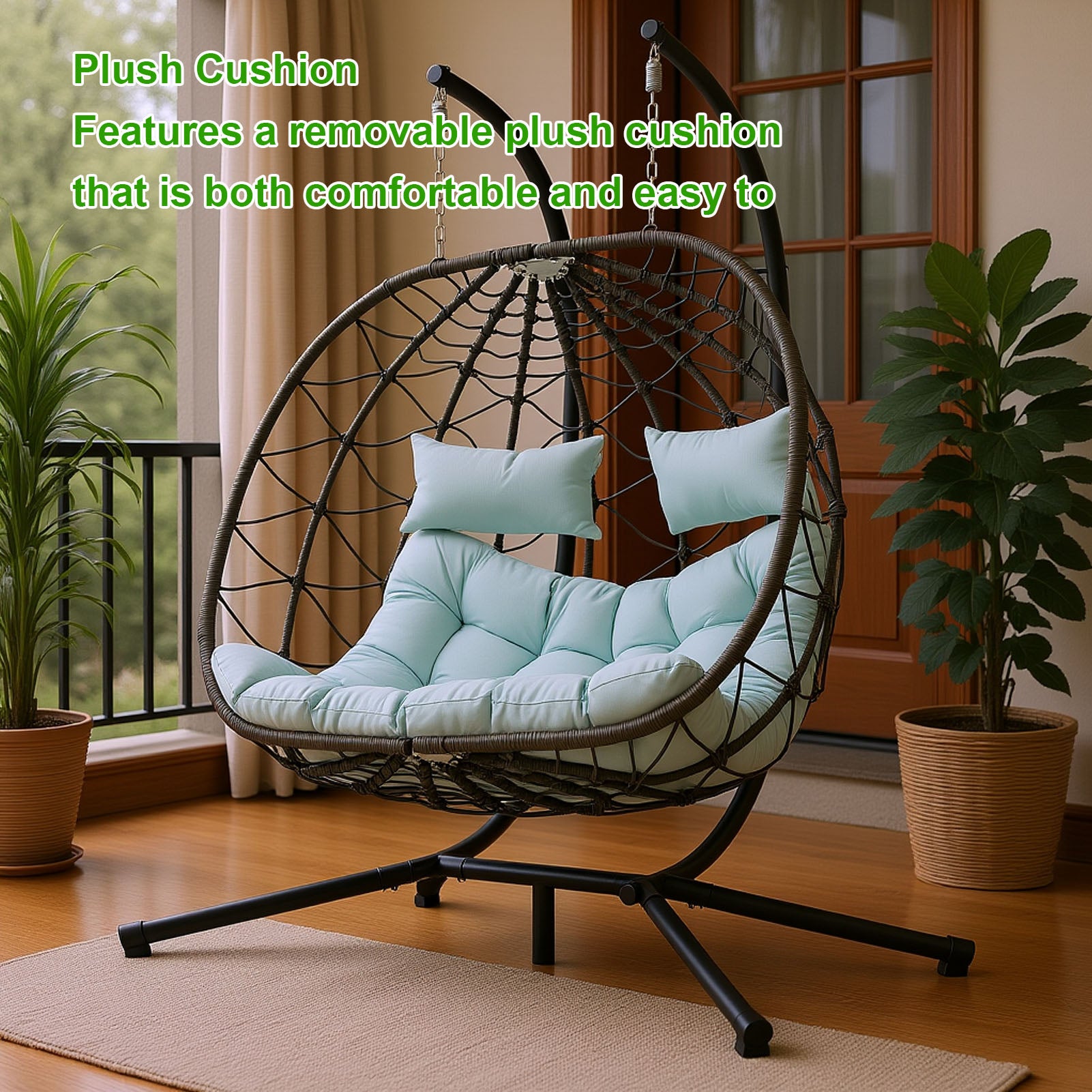 Egg Swing Chair with Stand Cushion Strong Load Bearing 2 Person Hanging Wicker Hammock Chair for Indoor Outdoor Garden Patio Blue