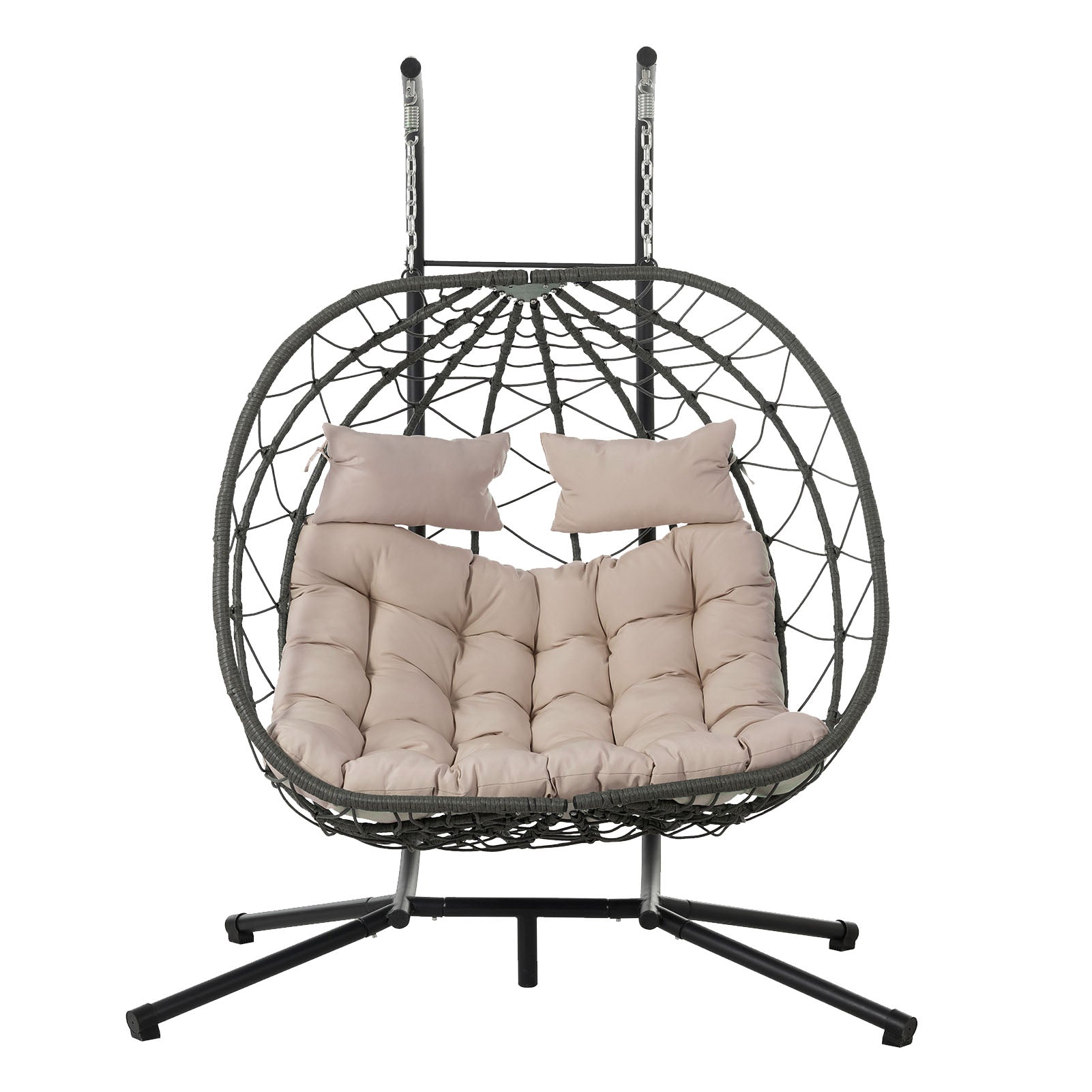 Egg Swing Chair with Stand Cushion Strong Load Bearing 2 Person Hanging Wicker Hammock Chair for Indoor Outdoor Garden Patio Beige