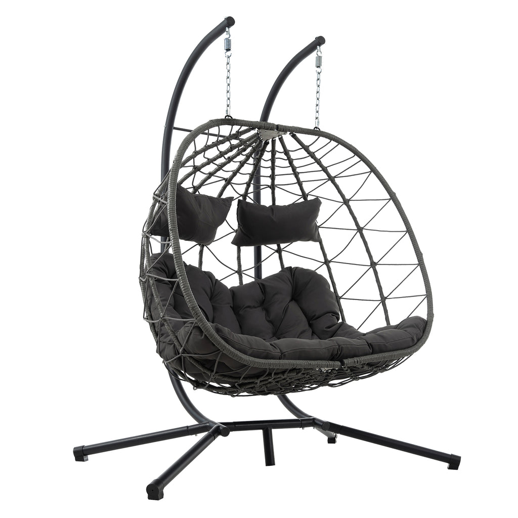 Double Egg Swing Chair with Stand Weather Proof Patio Hanging Egg Chair Swing Hammock Seat with Cushion Headrest for Indoor Outdoor Dark Gray