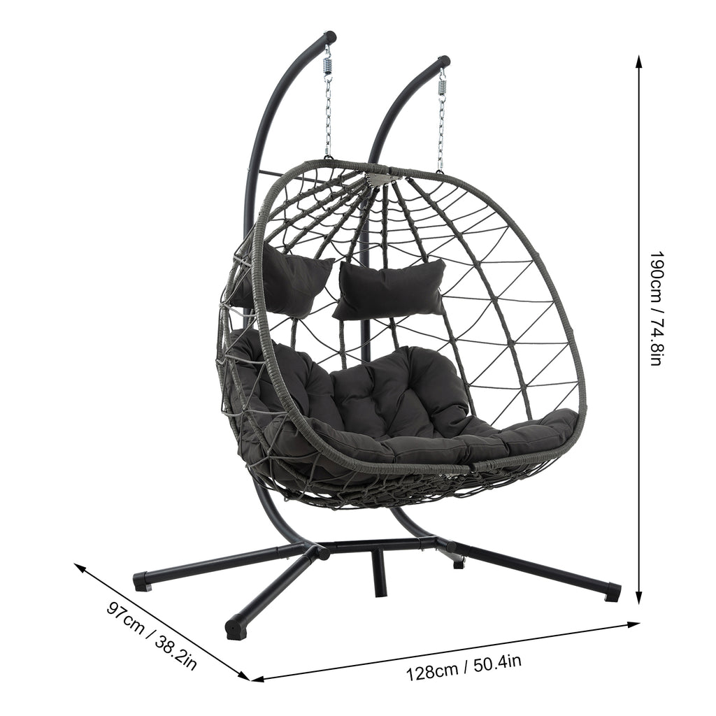 Double Egg Swing Chair with Stand Weather Proof Patio Hanging Egg Chair Swing Hammock Seat with Cushion Headrest for Indoor Outdoor Dark Gray