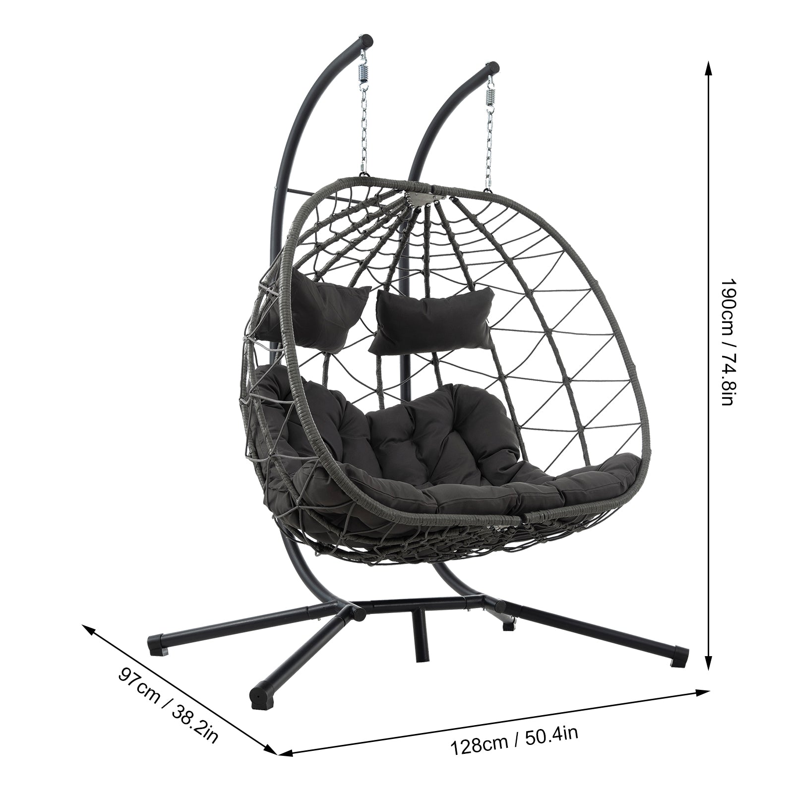 Double Egg Swing Chair with Stand Weather Proof Patio Hanging Egg Chair Swing Hammock Seat with Cushion Headrest for Indoor Outdoor Dark Gray