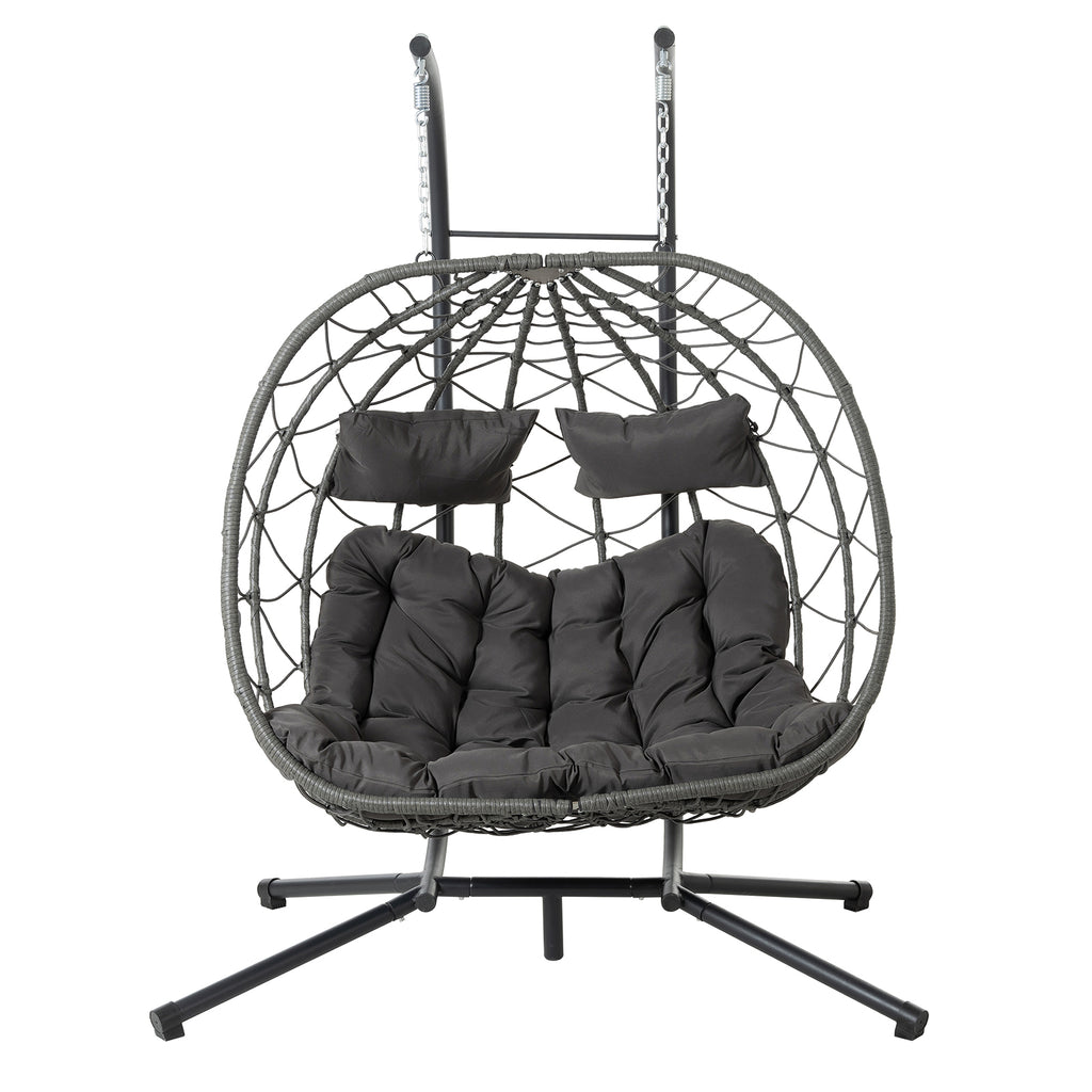 Double Egg Swing Chair with Stand Weather Proof Patio Hanging Egg Chair Swing Hammock Seat with Cushion Headrest for Indoor Outdoor Dark Gray