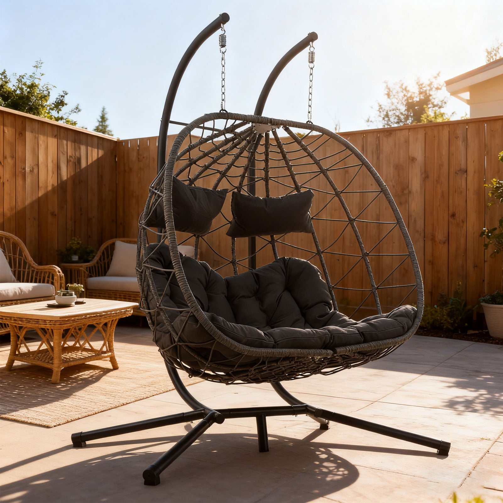 Double Egg Swing Chair with Stand Weather Proof Patio Hanging Egg Chair Swing Hammock Seat with Cushion Headrest for Indoor Outdoor Dark Gray