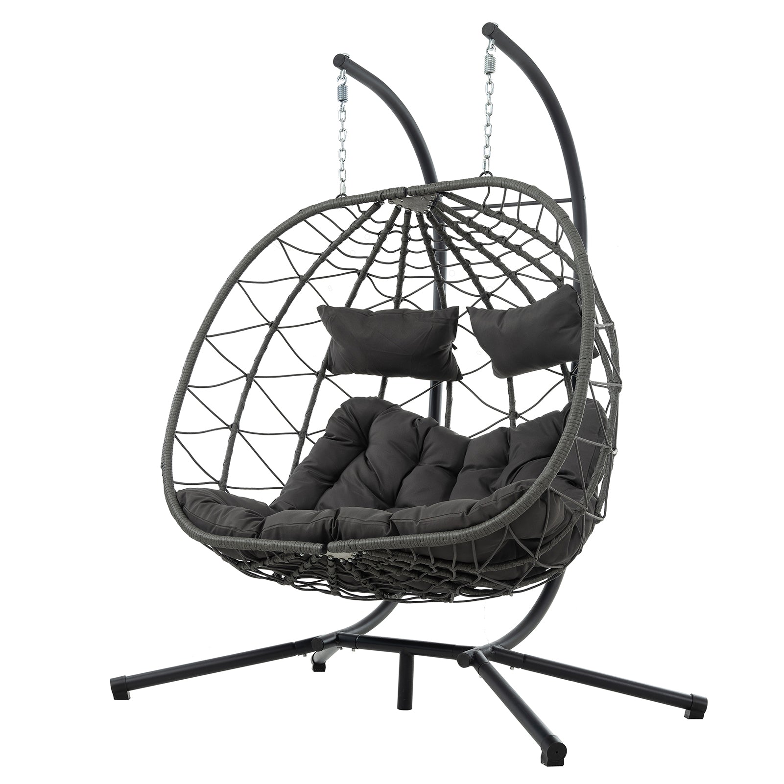 Double Egg Swing Chair with Stand Weather Proof Patio Hanging Egg Chair Swing Hammock Seat with Cushion Headrest for Indoor Outdoor Dark Gray