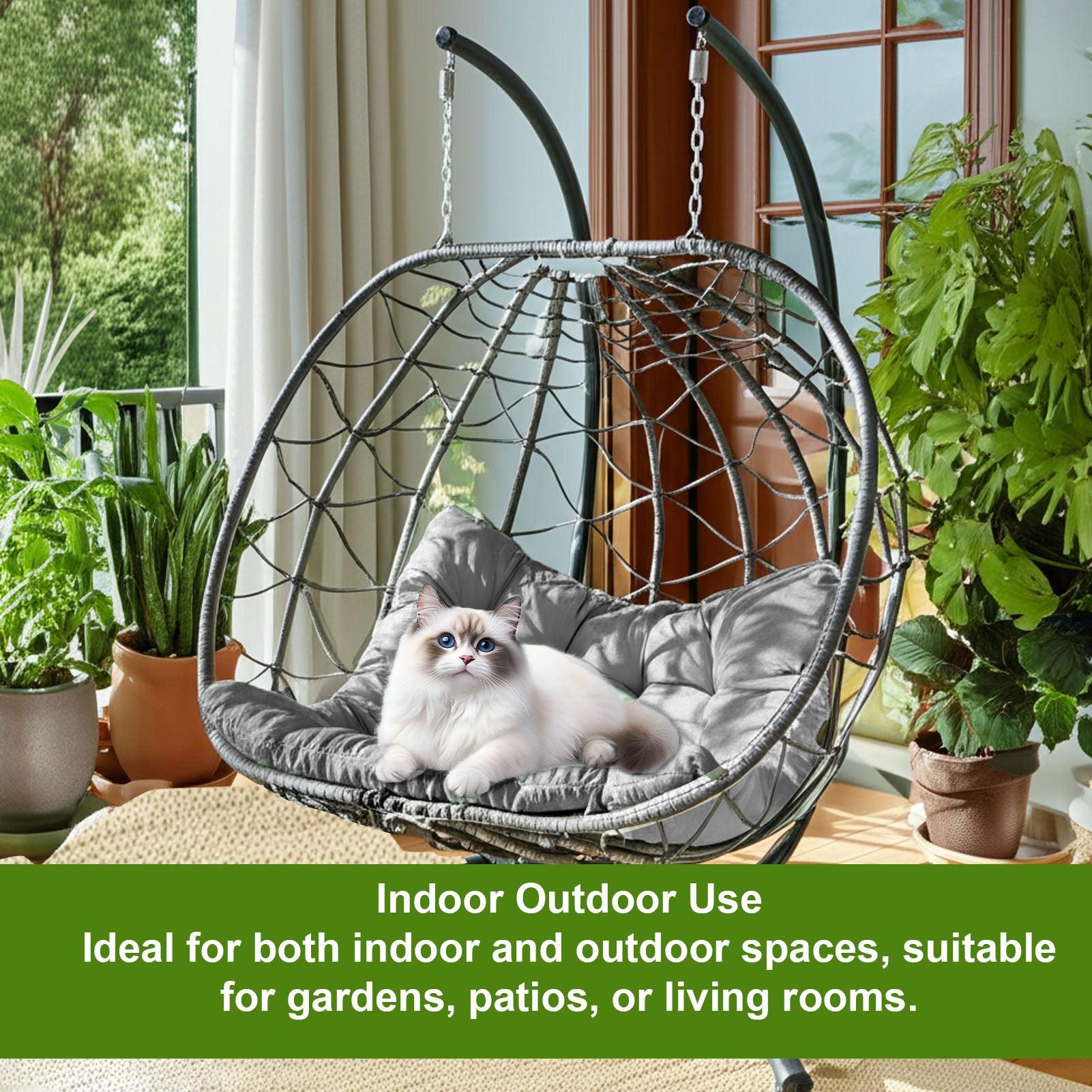 Egg Swing Chair with Stand Cushion Strong Load Bearing 2 Person Hanging Wicker Hammock Chair for Indoor Outdoor Garden Patio Light Gray