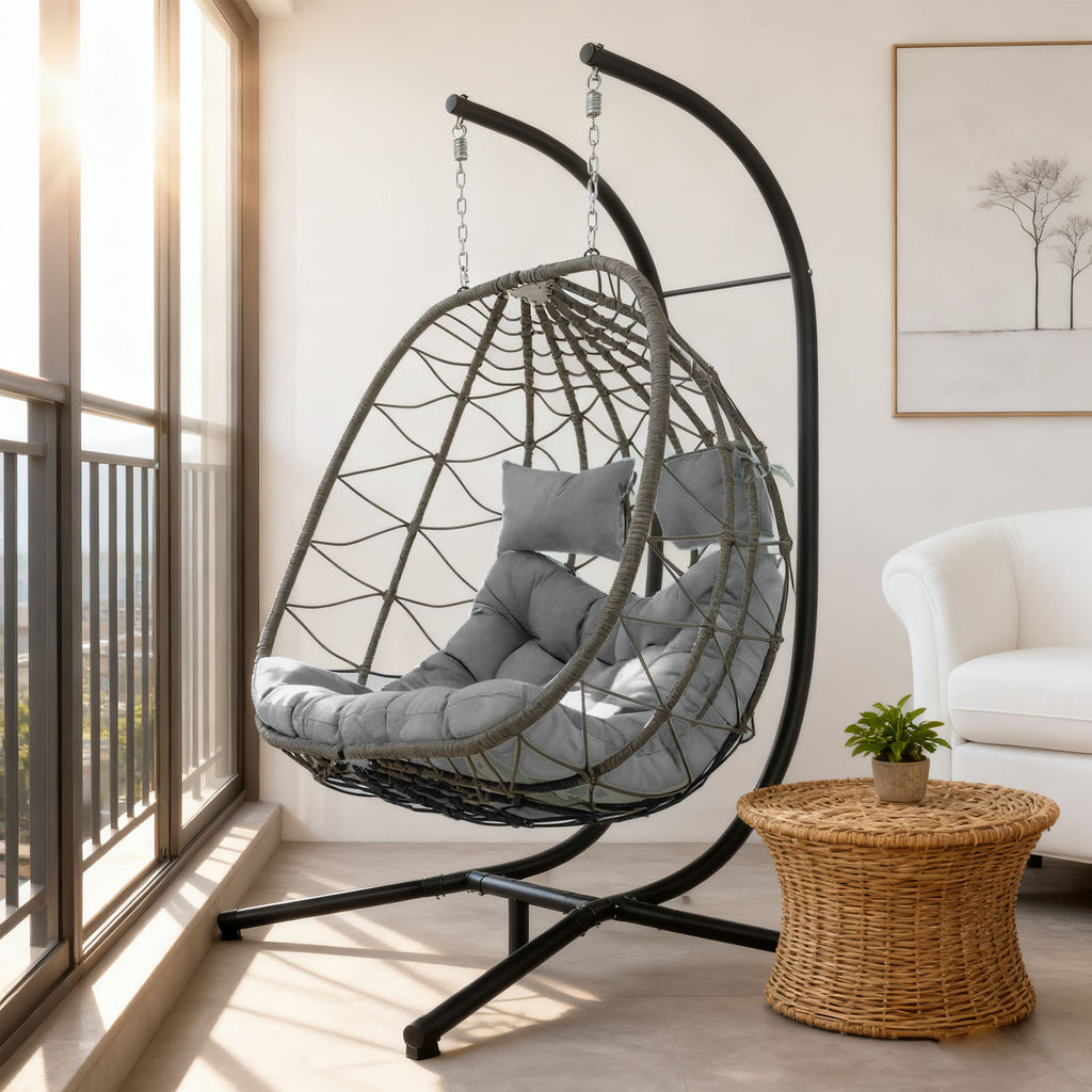 Egg Swing Chair with Stand Cushion Strong Load Bearing 2 Person Hanging Wicker Hammock Chair for Indoor Outdoor Garden Patio Light Gray