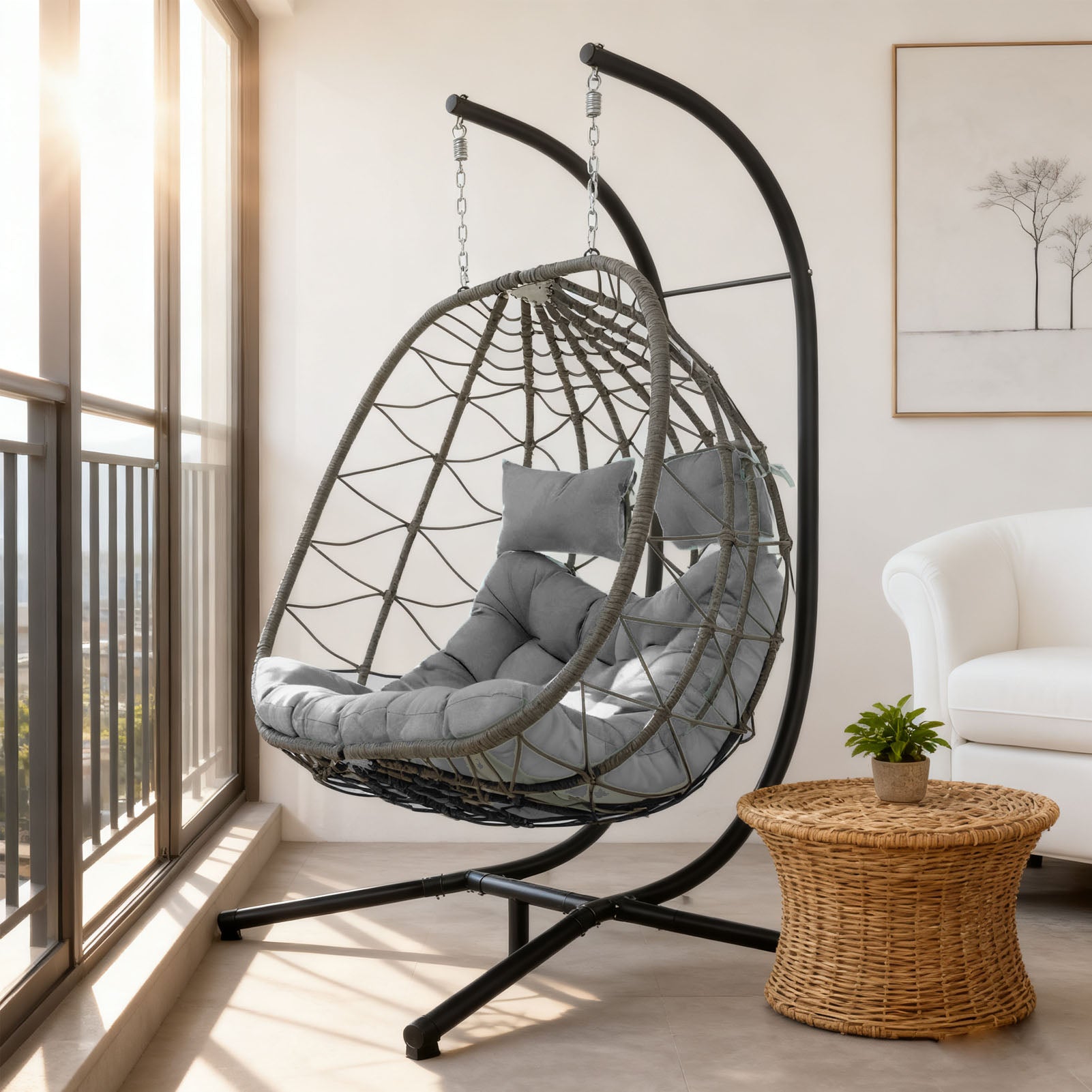 Egg Swing Chair with Stand Cushion Strong Load Bearing 2 Person Hanging Wicker Hammock Chair for Indoor Outdoor Garden Patio Light Gray