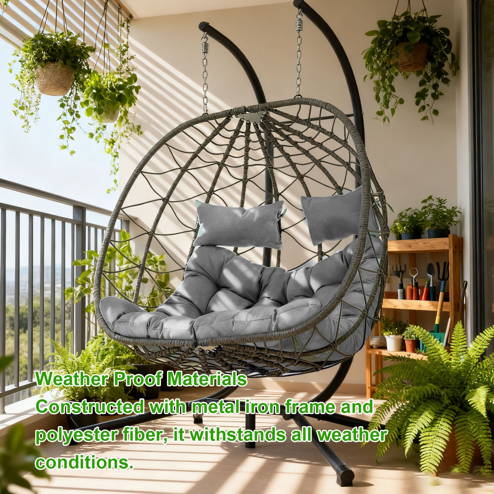 Egg Swing Chair with Stand Cushion Strong Load Bearing 2 Person Hanging Wicker Hammock Chair for Indoor Outdoor Garden Patio Light Gray