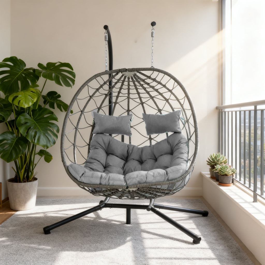 Egg Swing Chair with Stand Cushion Strong Load Bearing 2 Person Hanging Wicker Hammock Chair for Indoor Outdoor Garden Patio Light Gray