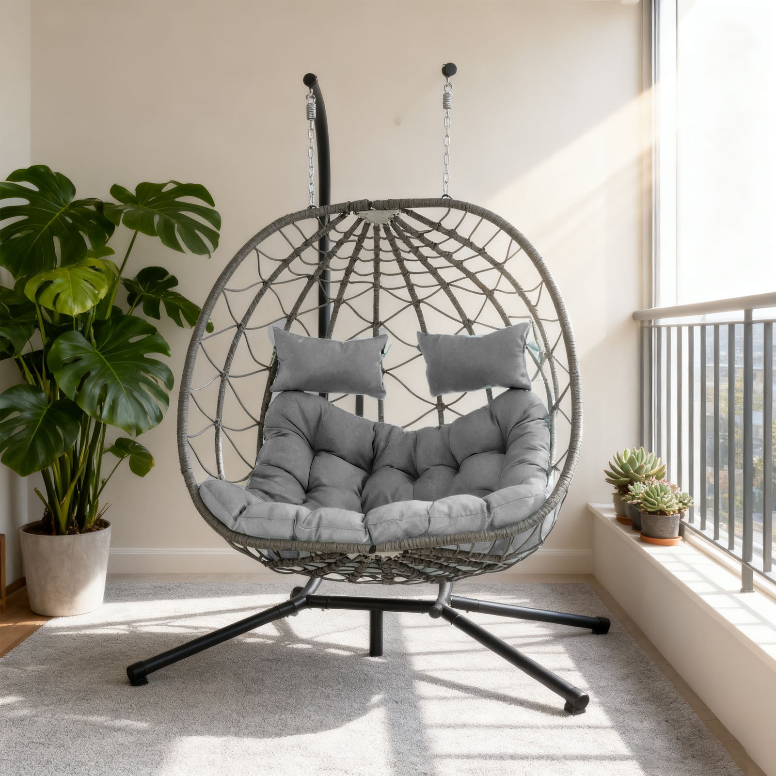Egg Swing Chair with Stand Cushion Strong Load Bearing 2 Person Hanging Wicker Hammock Chair for Indoor Outdoor Garden Patio Light Gray