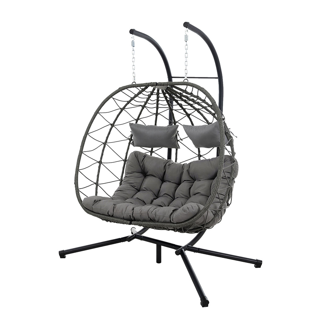 Egg Swing Chair with Stand Cushion Strong Load Bearing 2 Person Hanging Wicker Hammock Chair for Indoor Outdoor Garden Patio Light Gray