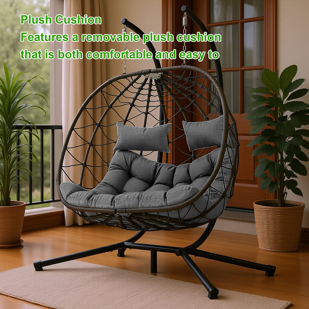 Egg Swing Chair with Stand Cushion Strong Load Bearing 2 Person Hanging Wicker Hammock Chair for Indoor Outdoor Garden Patio Light Gray