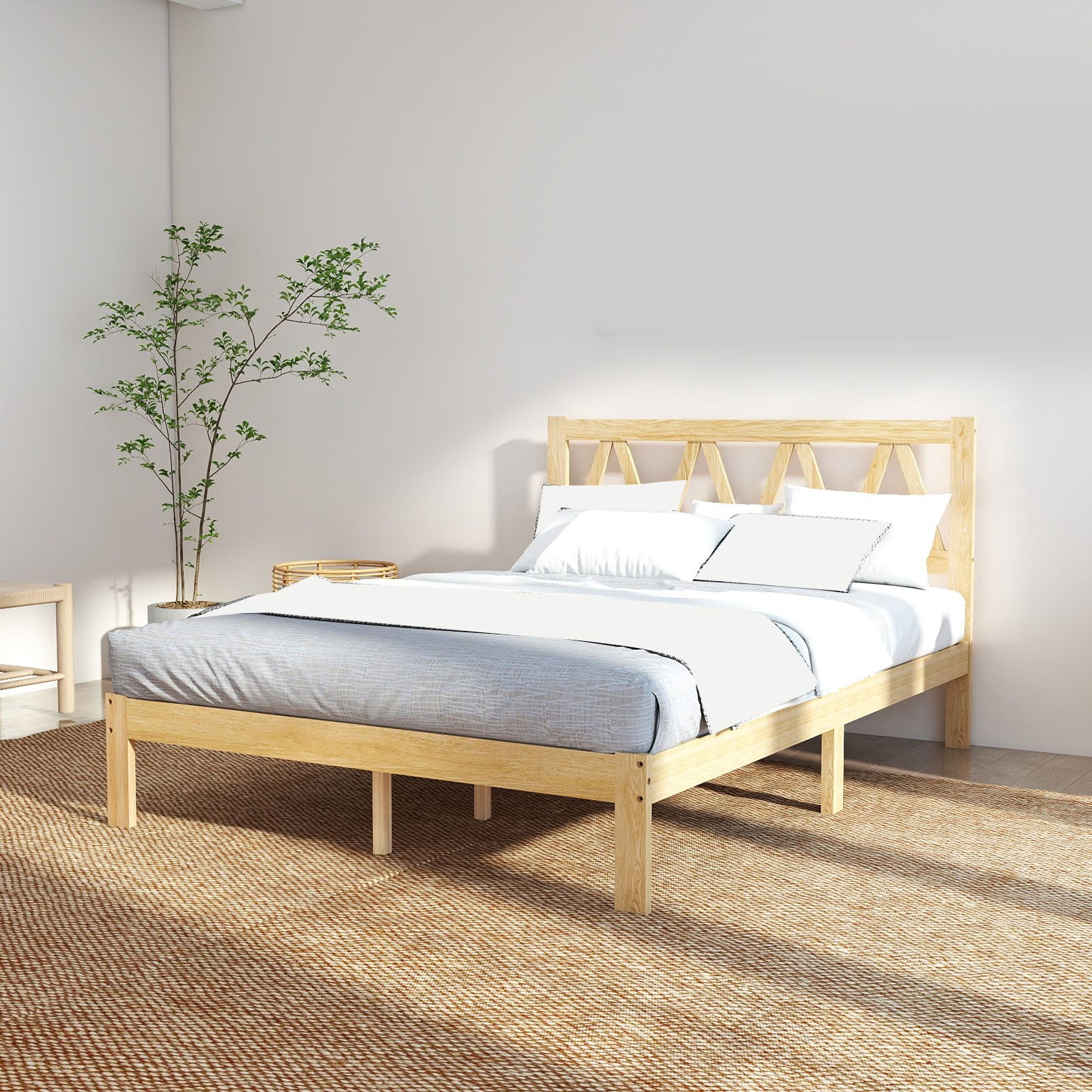 Full Size Bed Frame Strong Load Bearing Easy Assembly Minimalist Wood Platform Bed Frame for Home Bedroom