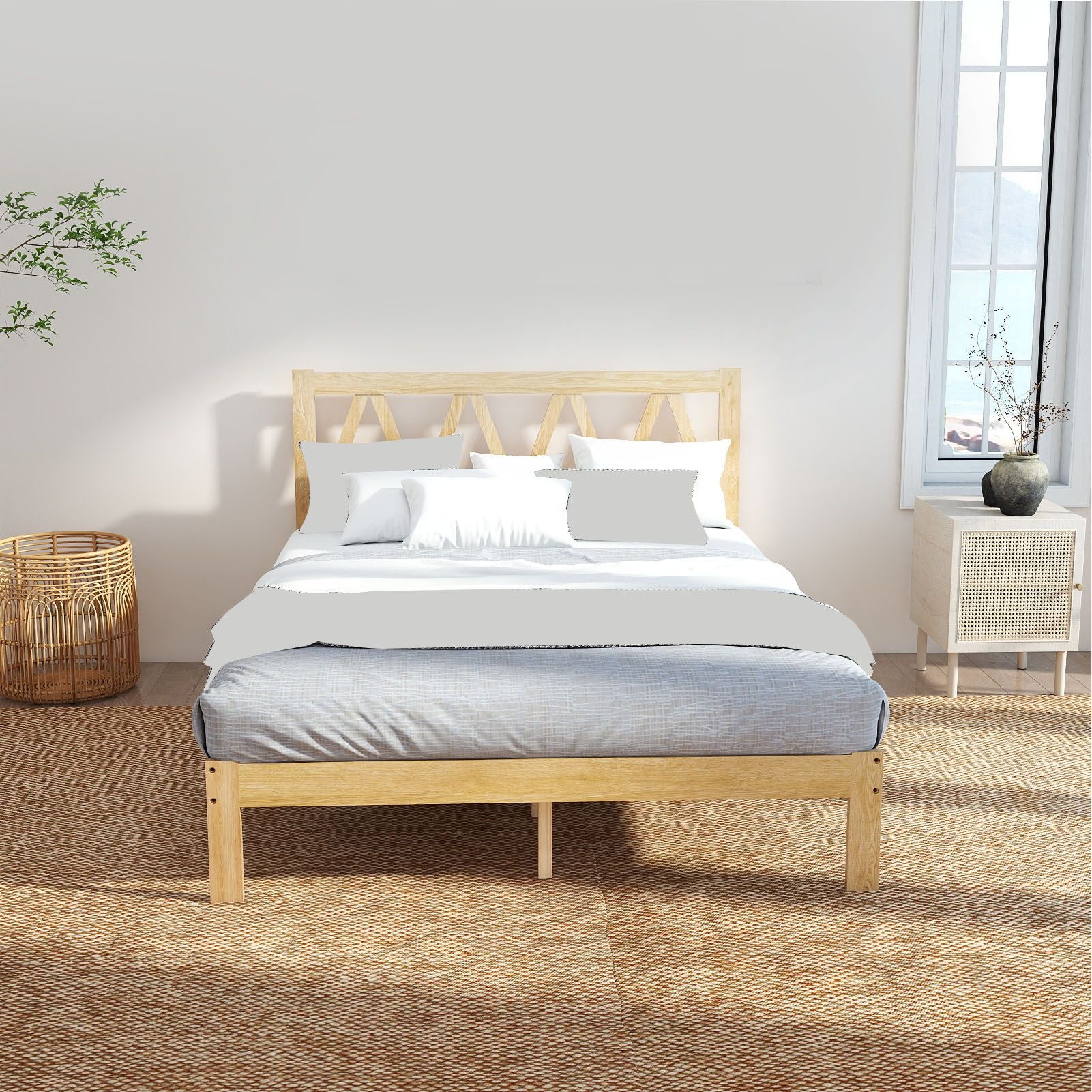 Full Size Bed Frame Strong Load Bearing Easy Assembly Minimalist Wood Platform Bed Frame for Home Bedroom