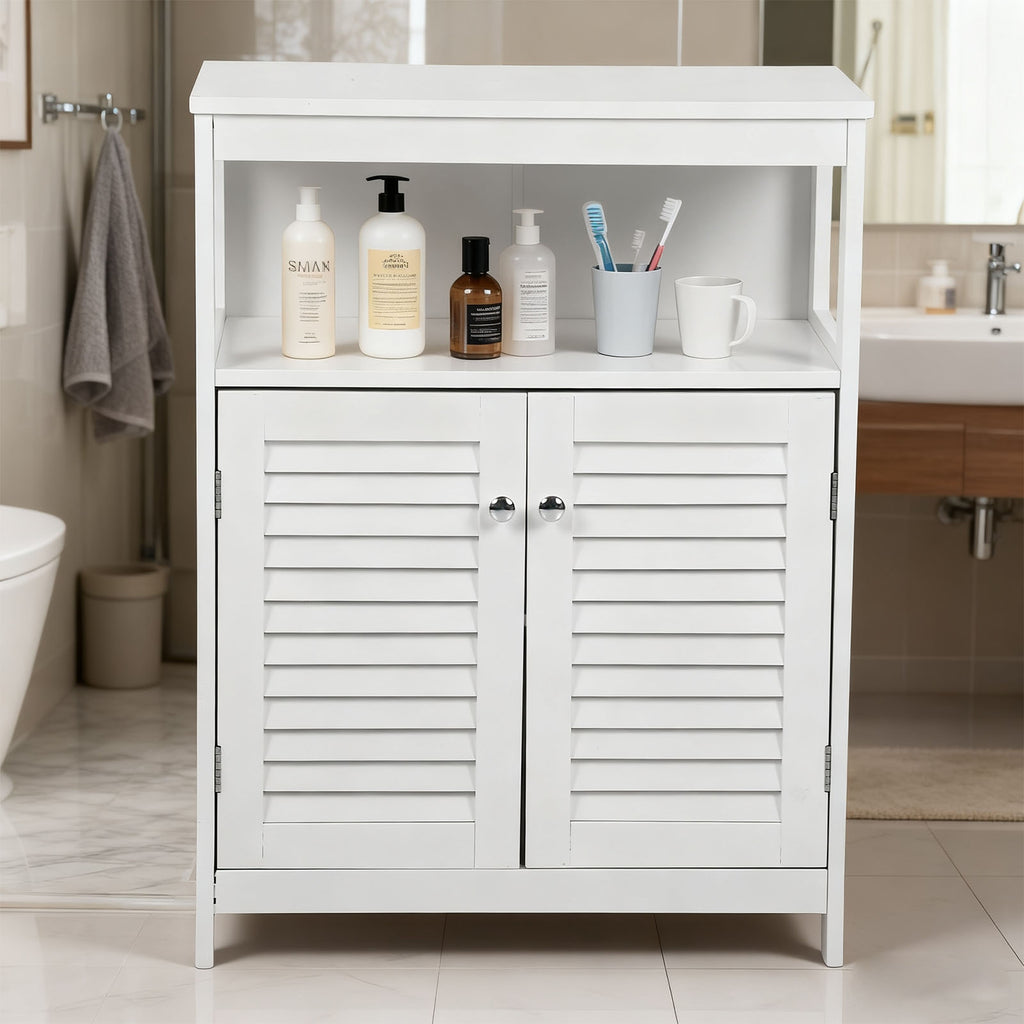 Bathroom Storage Cabinet White Water Proof Wooden Freestanding Cabinet with Removable Shelf Shutter Doors for Home Hotel White