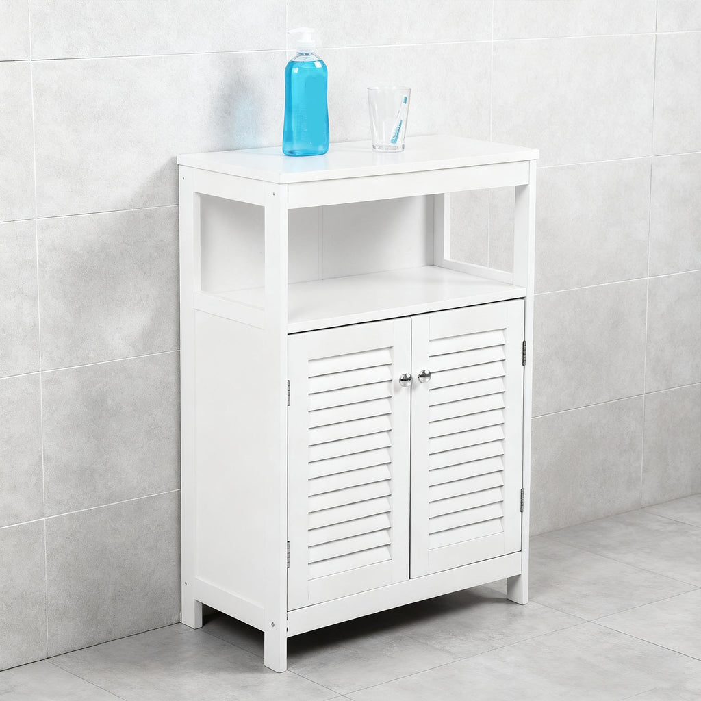 Bathroom Storage Cabinet White Water Proof Wooden Freestanding Cabinet with Removable Shelf Shutter Doors for Home Hotel White