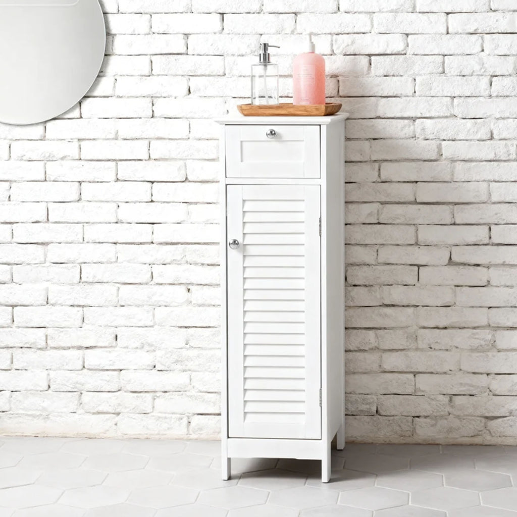 Bathroom Storage Cabinet Slim Freestanding Narrow Floor Cabinet with Drawer Shutter Door for Living Room Bedroom Entryway 12.6x11.8x34.3in White