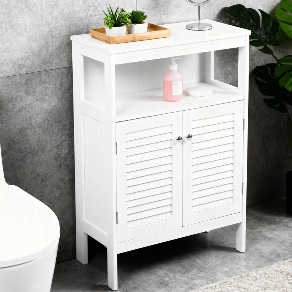 Bathroom Storage Cabinet White Water Proof Wooden Freestanding Cabinet with Removable Shelf Shutter Doors for Home Hotel White