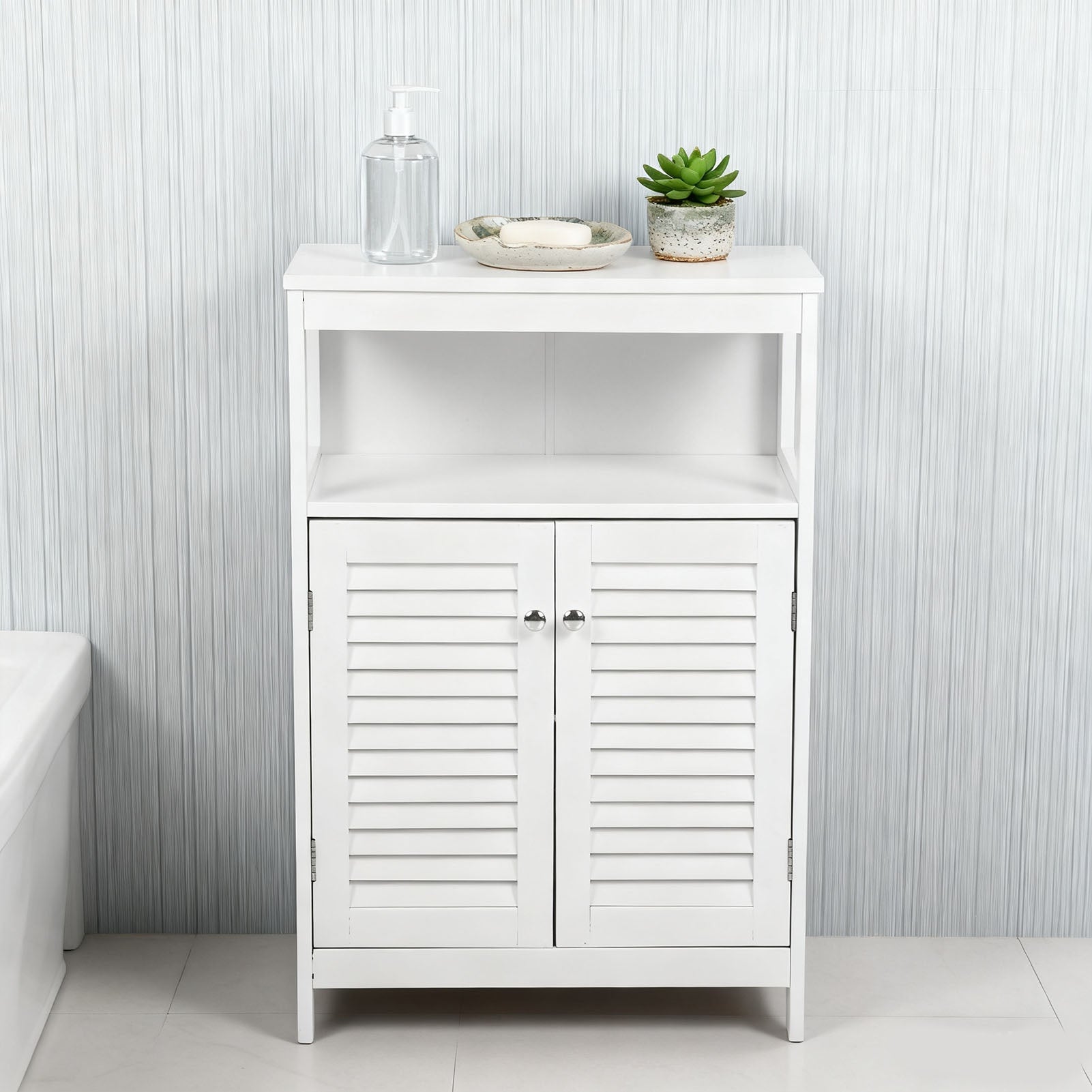 Bathroom Storage Cabinet White Water Proof Wooden Freestanding Cabinet with Removable Shelf Shutter Doors for Home Hotel White