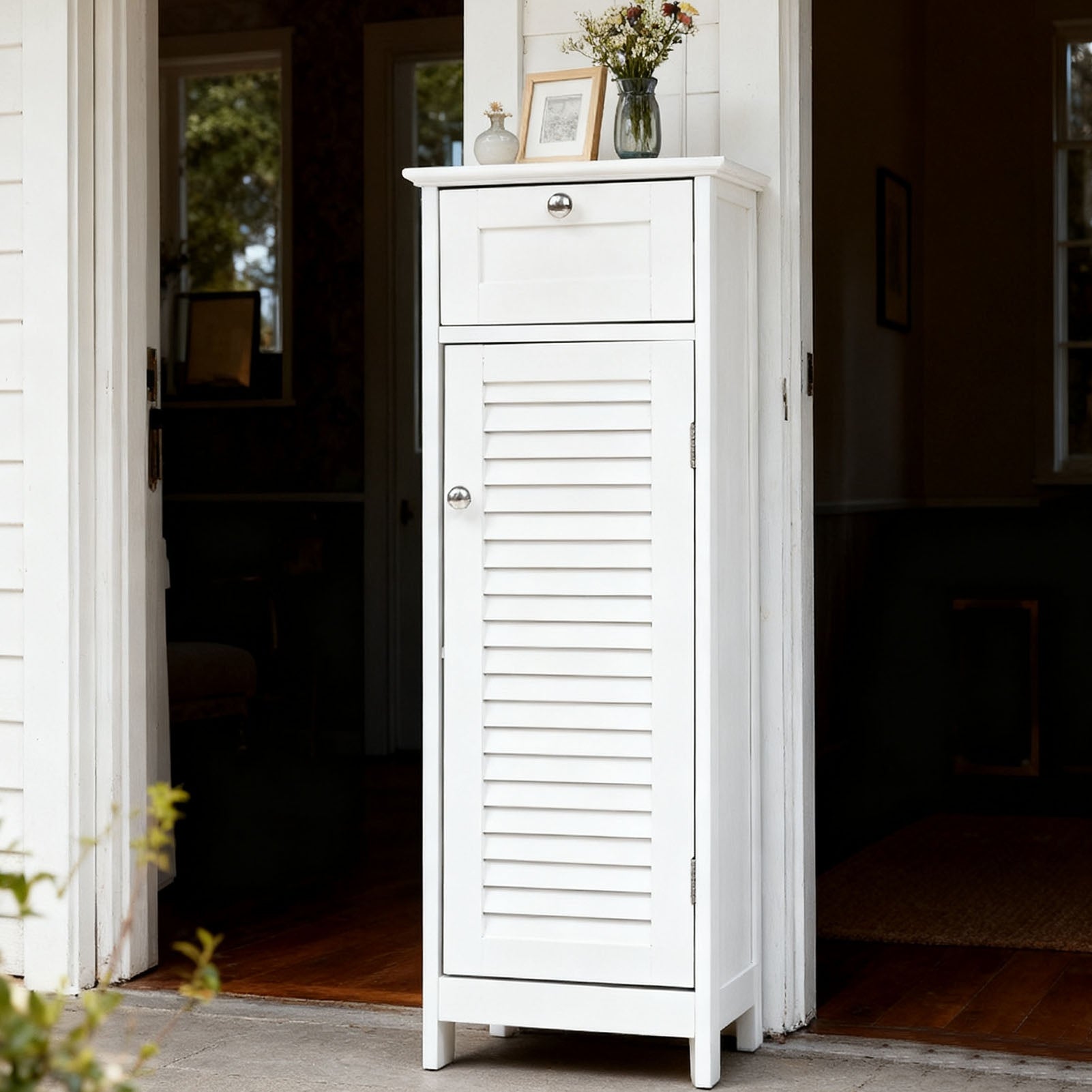 Bathroom Storage Cabinet Slim Freestanding Narrow Floor Cabinet with Drawer Shutter Door for Living Room Bedroom Entryway 12.6x11.8x34.3in White
