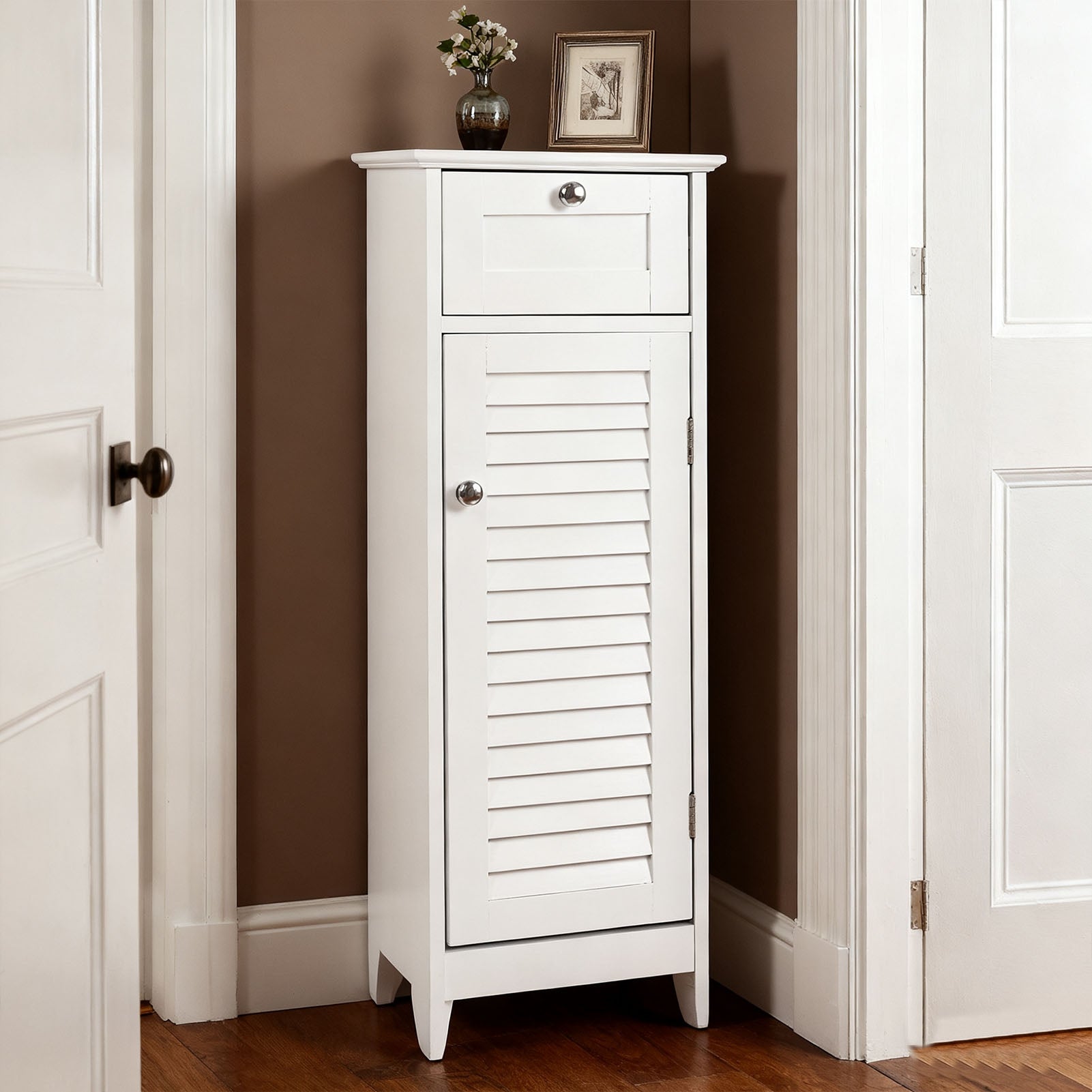 Bathroom Storage Cabinet Slim Freestanding Narrow Floor Cabinet with Drawer Shutter Door for Living Room Bedroom Entryway 12.6x11.8x34.3in White