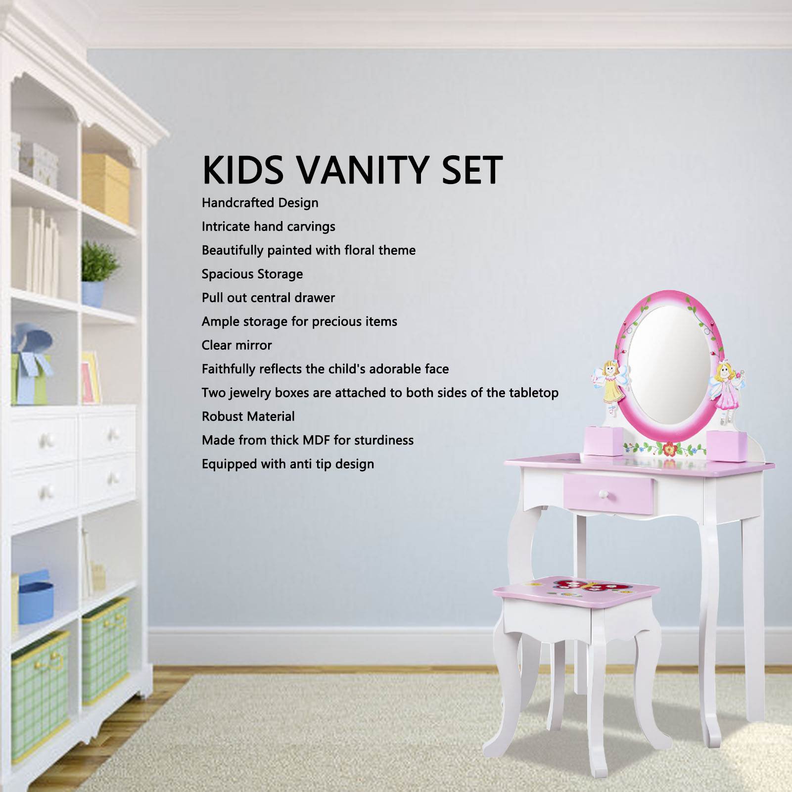 Kids Vanity Set Floral Printed Wooden Makeup Dressing Princess Table with Mirror and Stool for Role Playing Pink