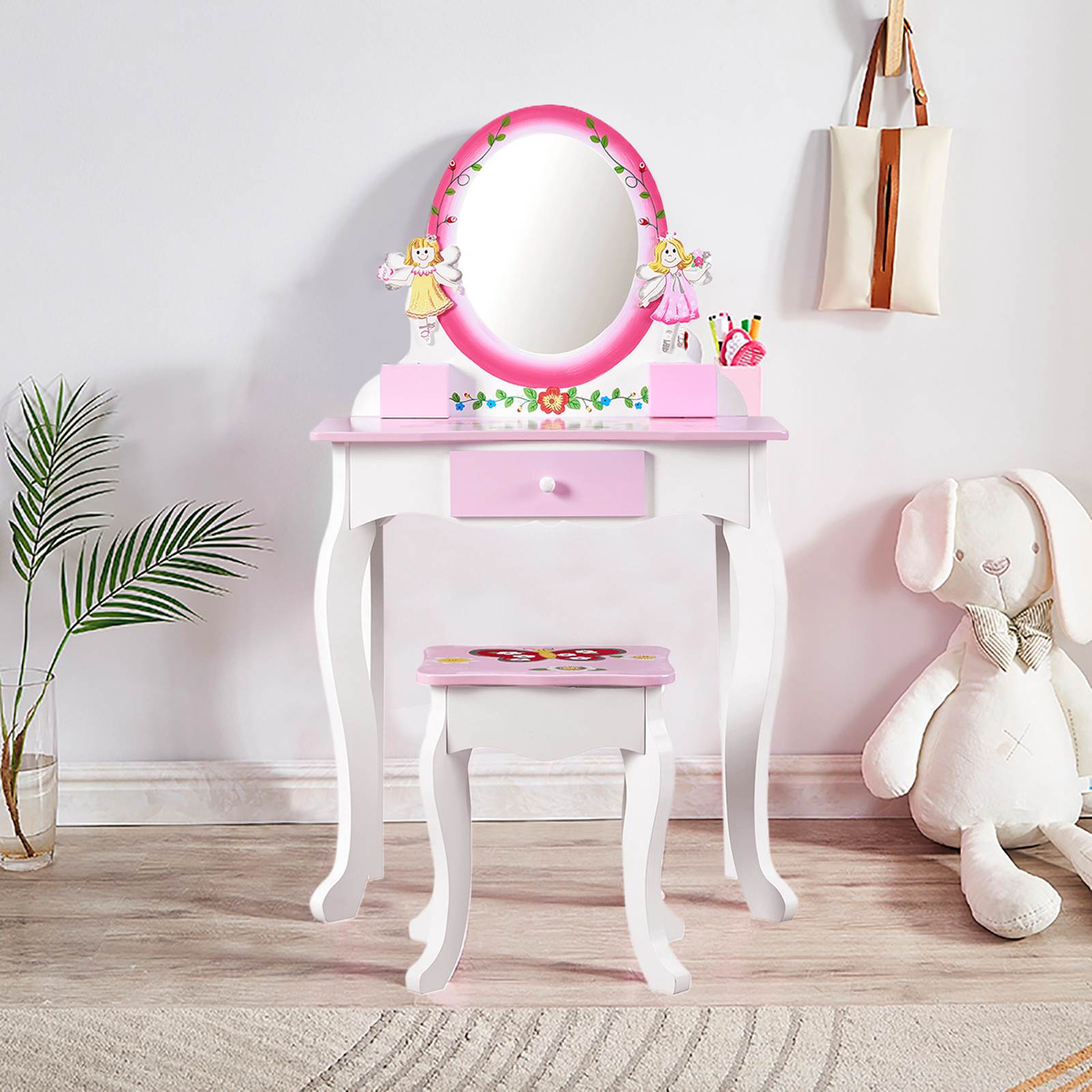 Kids Vanity Set Floral Printed Wooden Makeup Dressing Princess Table with Mirror and Stool for Role Playing Pink