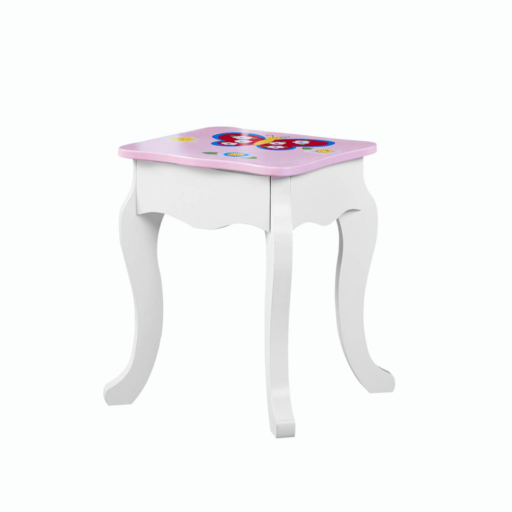 Kids Vanity Set Floral Printed Wooden Makeup Dressing Princess Table with Mirror and Stool for Role Playing Pink