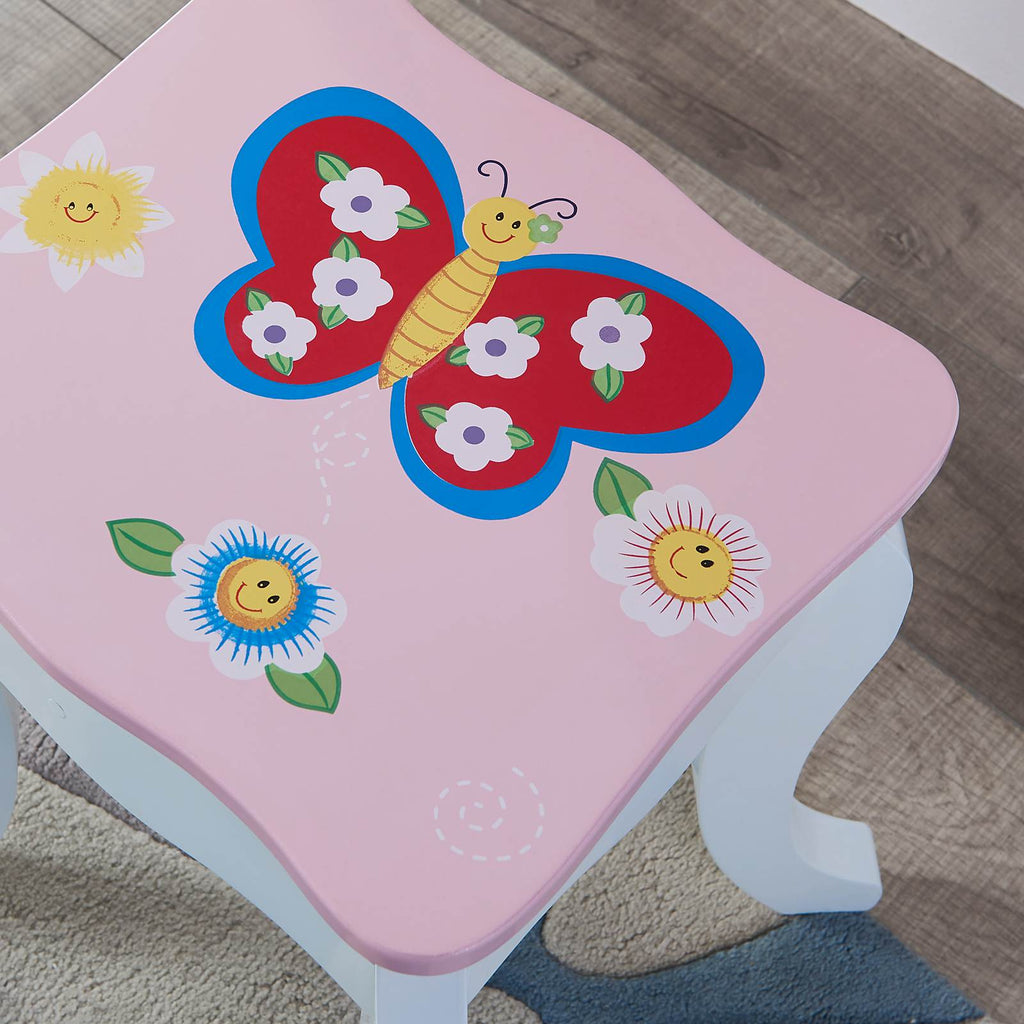 Kids Vanity Set Floral Printed Wooden Makeup Dressing Princess Table with Mirror and Stool for Role Playing Pink