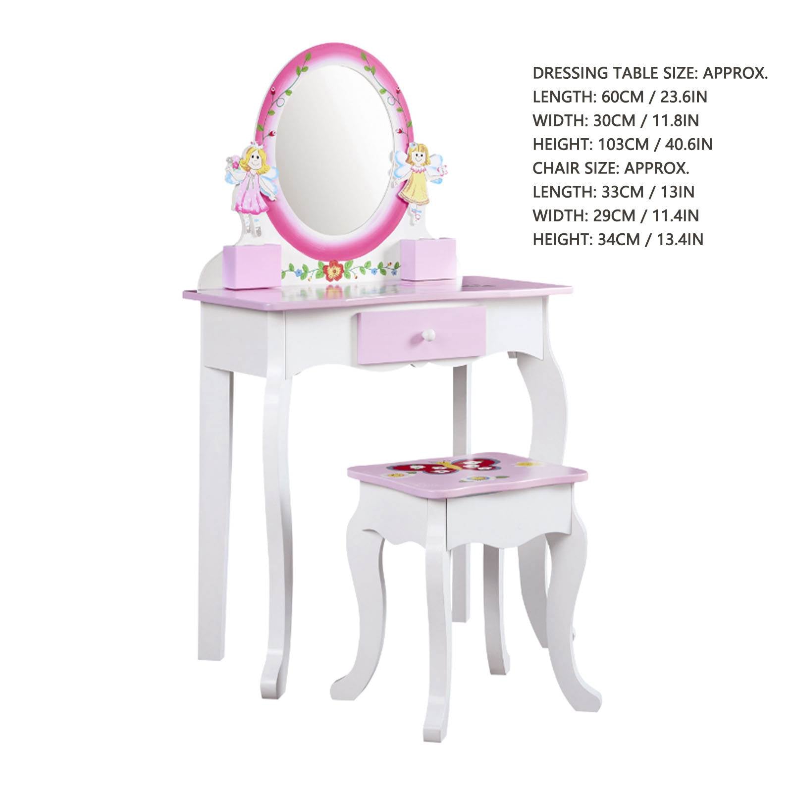 Kids Vanity Set Floral Printed Wooden Makeup Dressing Princess Table with Mirror and Stool for Role Playing Pink