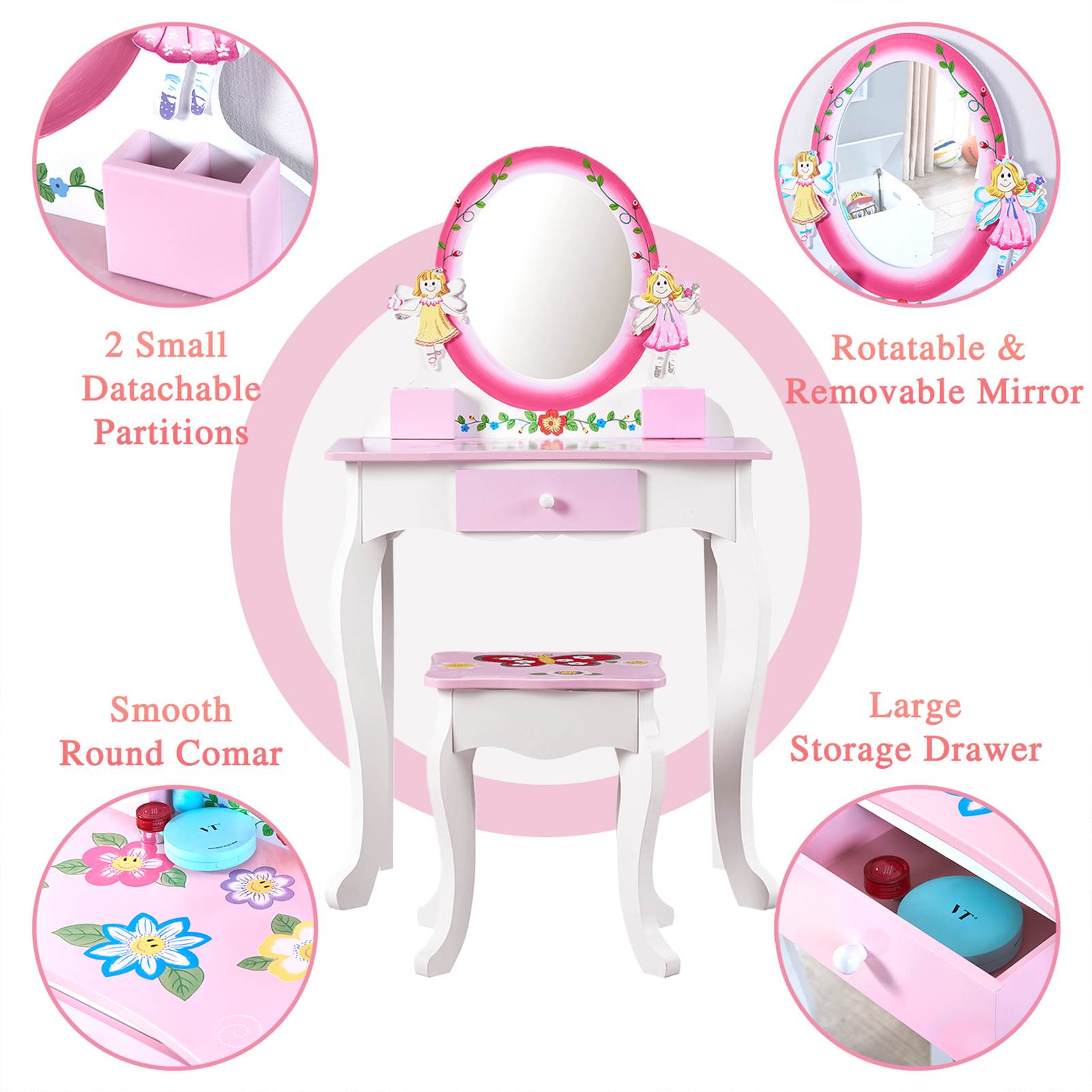 Kids Vanity Set Floral Printed Wooden Makeup Dressing Princess Table with Mirror and Stool for Role Playing Pink
