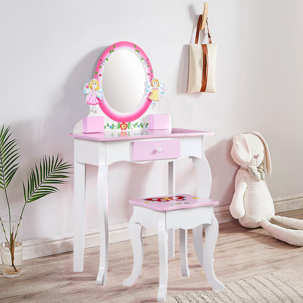 Kids Vanity Set Floral Printed Wooden Makeup Dressing Princess Table with Mirror and Stool for Role Playing Pink