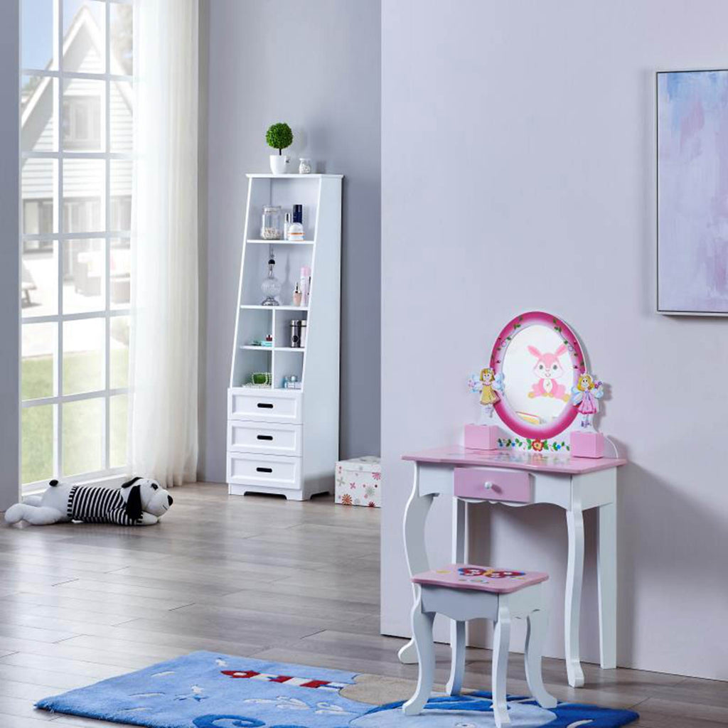 Kids Vanity Set Floral Printed Wooden Makeup Dressing Princess Table with Mirror and Stool for Role Playing Pink