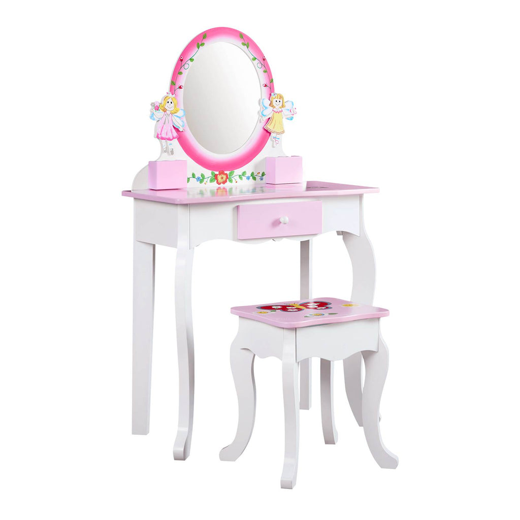 Kids Vanity Set Floral Printed Wooden Makeup Dressing Princess Table with Mirror and Stool for Role Playing Pink